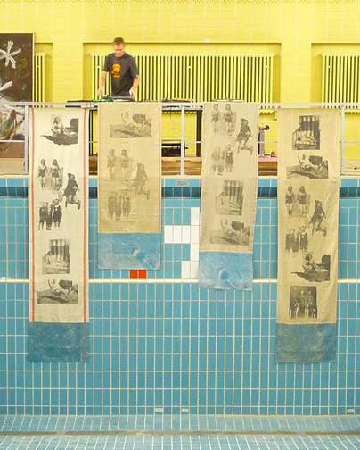 Terrell James - “Save Berlin” (Pool 2009) Stadtbad Wedding, Berlin, Germany Silkscreen on vintage hand-loomed linen Two: 39 x 118 inches; Two: 39 x 79 inches