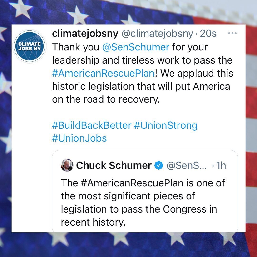 Today&rsquo;s a good day for New York and a good day for America!

 #BuildBackBetter

Thank you to @potus, @senschumer and everyone who helped pass the historic #AmericanRescuePlan.

#unionstrong