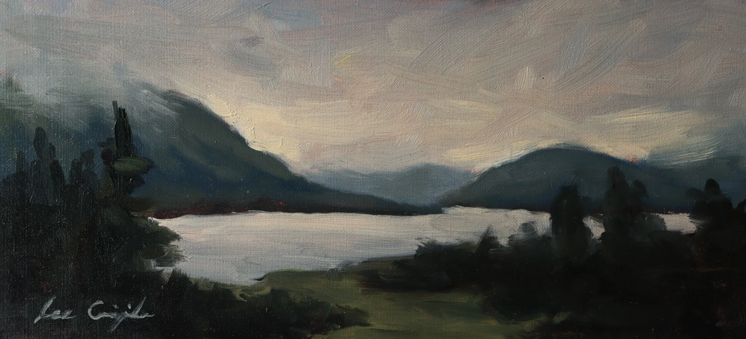 Plein air oil painting of Loch Tulla in the Scottish Highlands, showing calm water and soft atmospheric light by Scottish fine artist Lee Craigmile.