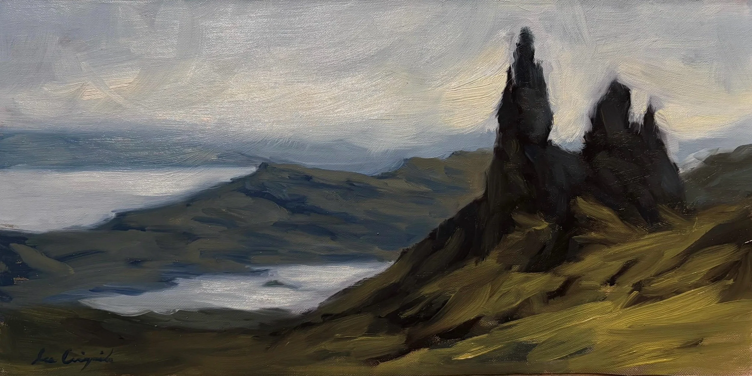 Original oil painting of the Old Man of Storr on the Isle of Skye, painted from life by Scottish artist Lee Craigmile.