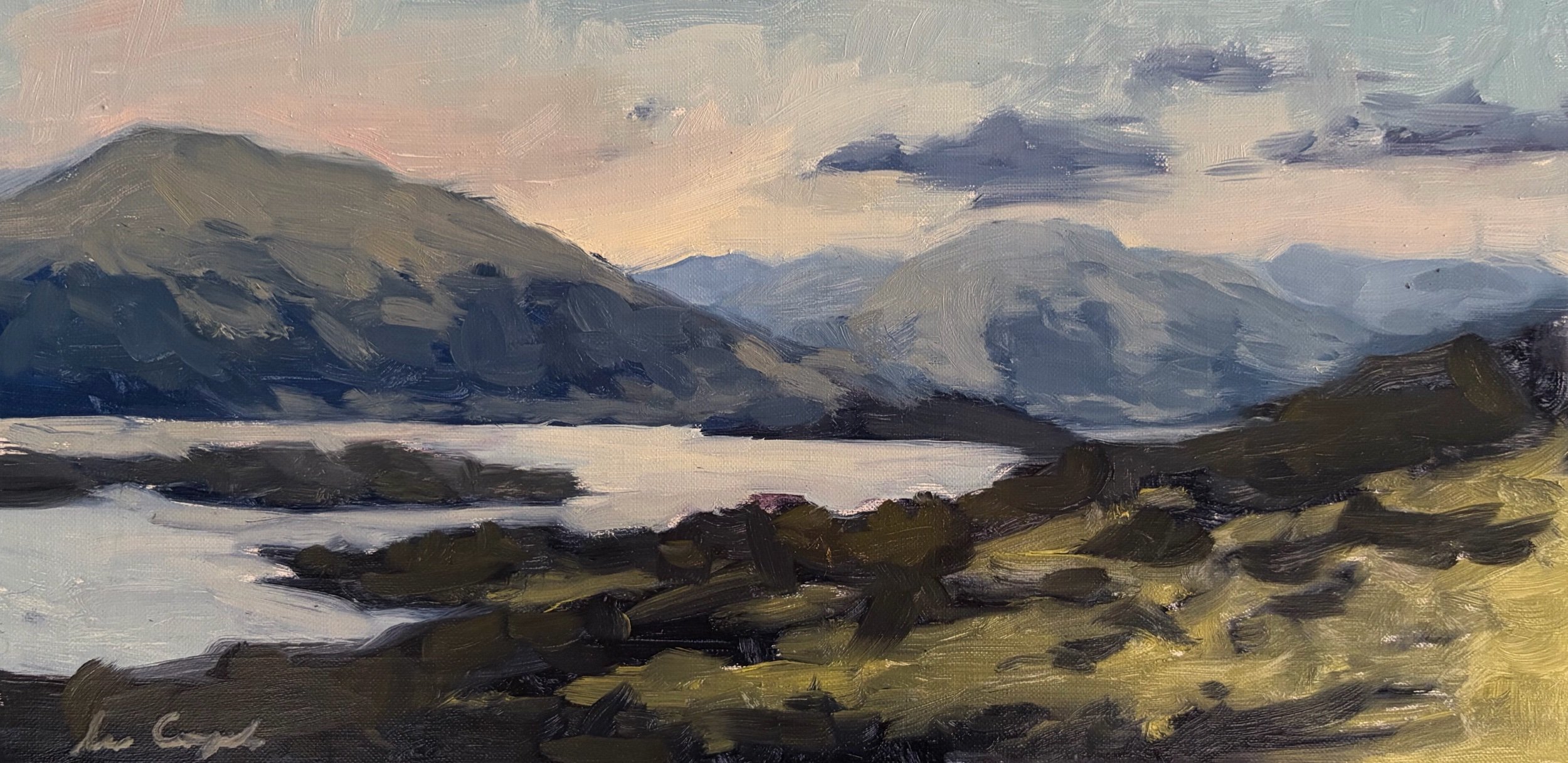 Original oil painting looking north across Loch Lomond from Conic Hill, painted from life by Scottish artist Lee Craigmile.