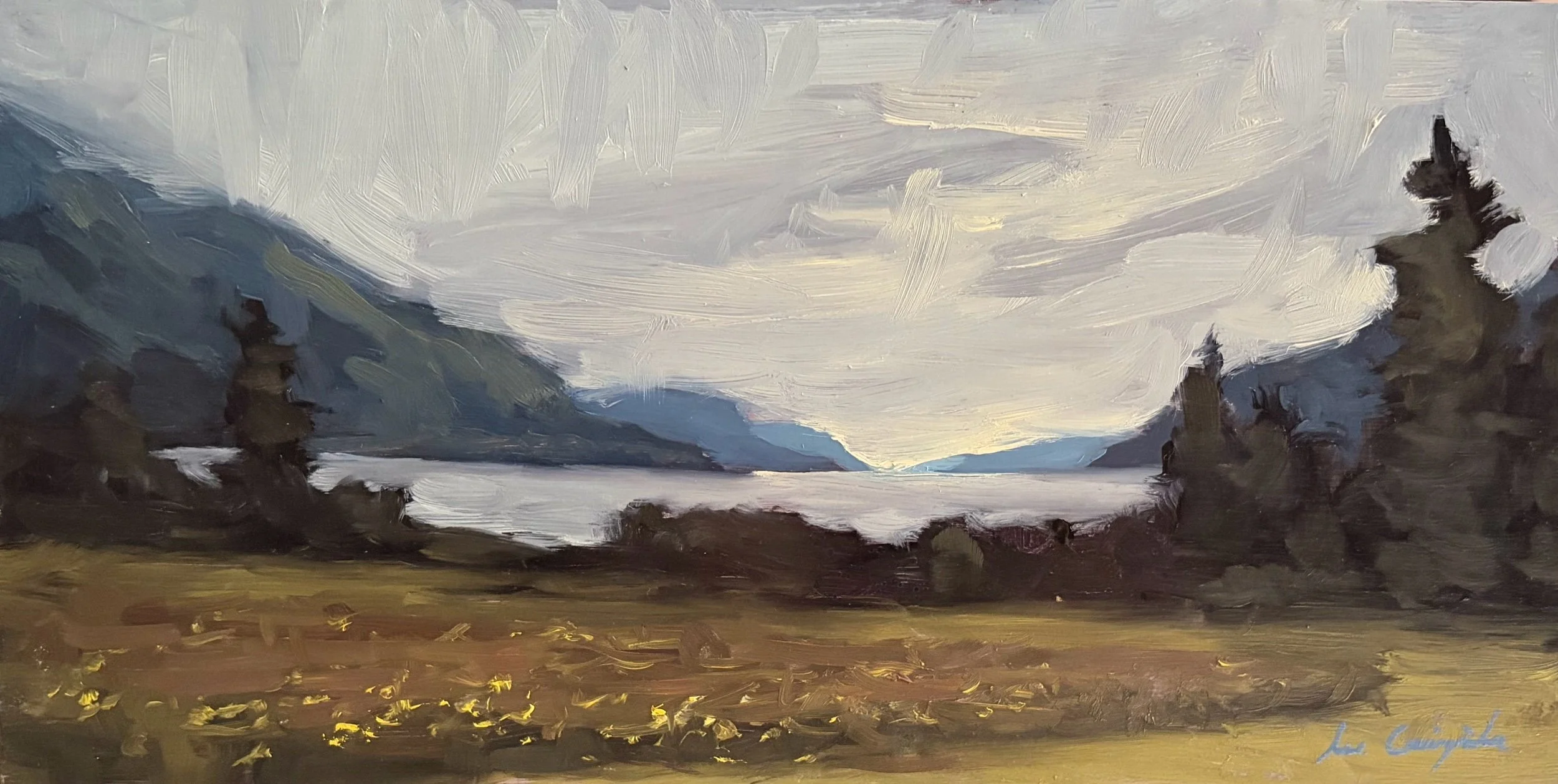 Original oil painting of Loch Ness from Dores in the Scottish Highlands, with wildflowers in the foreground, painted from life by Scottish artist Lee Craigmile.