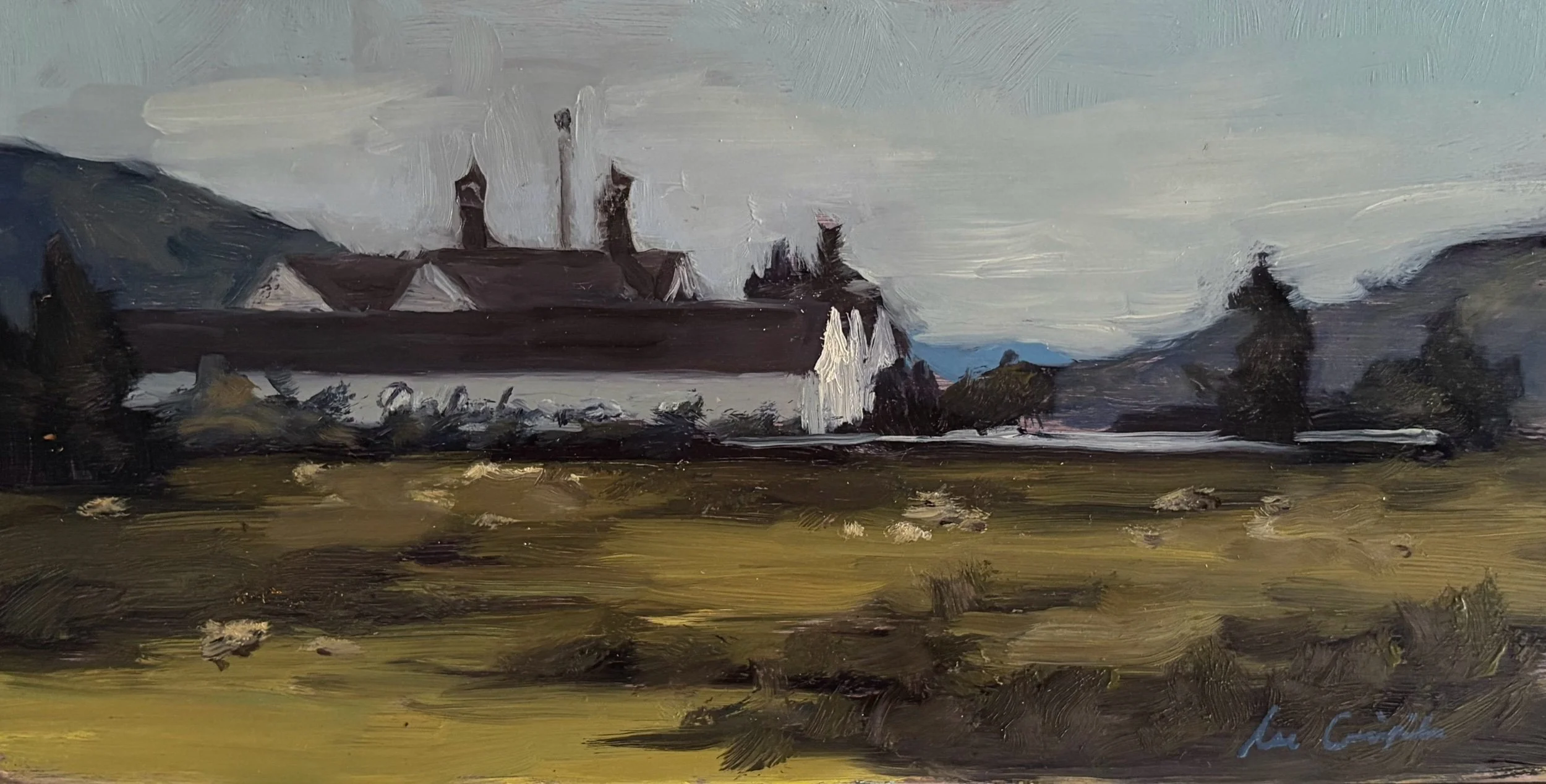 Original oil painting of Dalwhinnie Distillery in the Scottish Highlands, painted from life by Scottish artist Lee Craigmile.