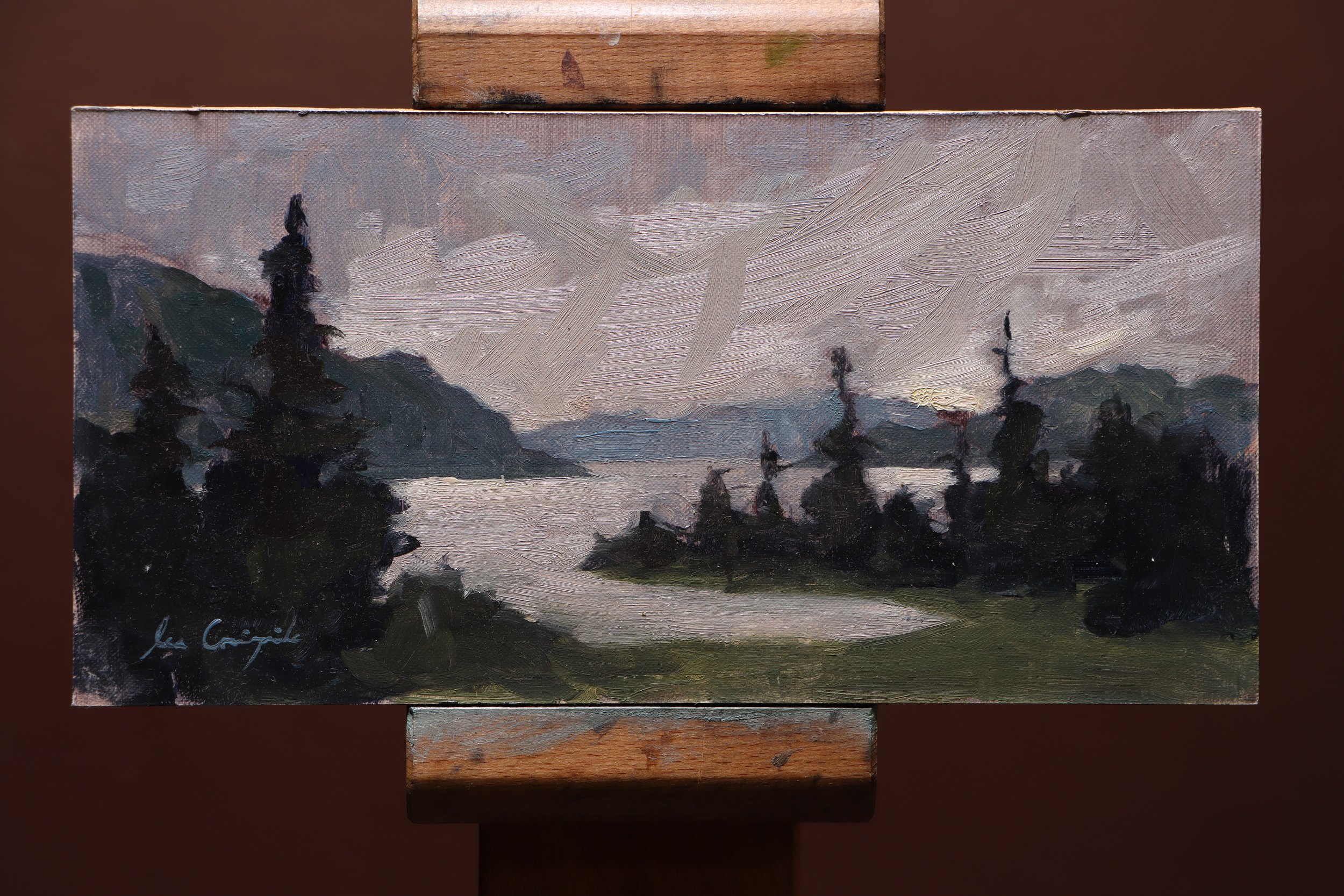 Loch Tulla painting, moody Scottish landscape, pines painting, Highlands scenery, atmospheric art