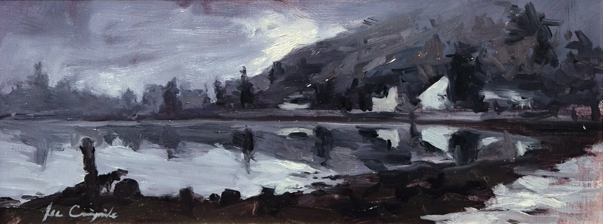 Plein air oil painting of Arrochar Beach in winter, showing cold light, reflective water, and muted coastal tones by Lee Craigmile.