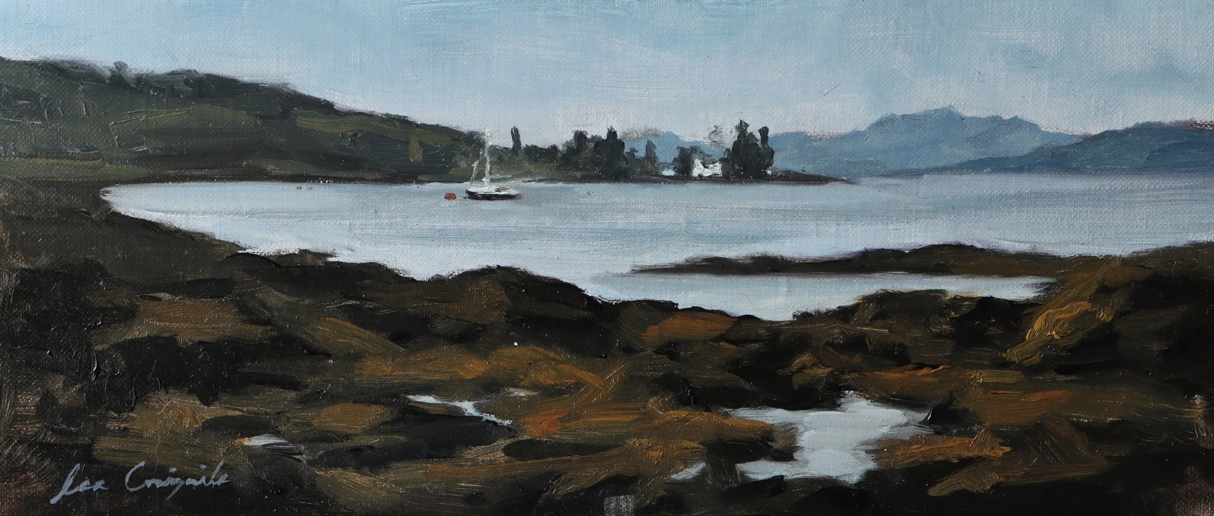 Plein air oil painting of the Salens Coast on the Isle of Mull, depicting rugged shoreline and muted coastal tones by Scottish fine artist Lee Craigmile.