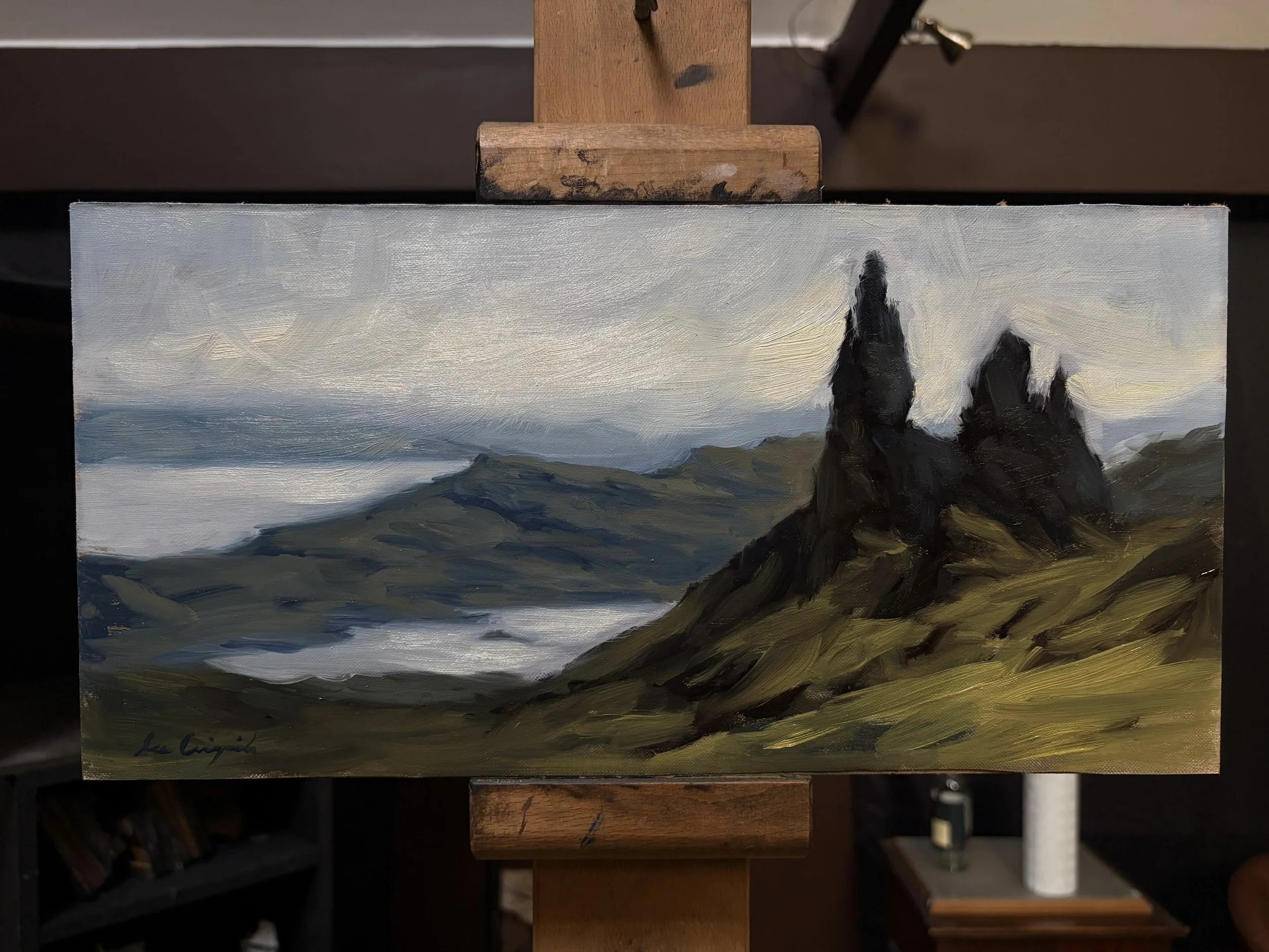 Original oil painting of the Old Man of Storr displayed on a studio easel by Scottish artist Lee Craigmile.