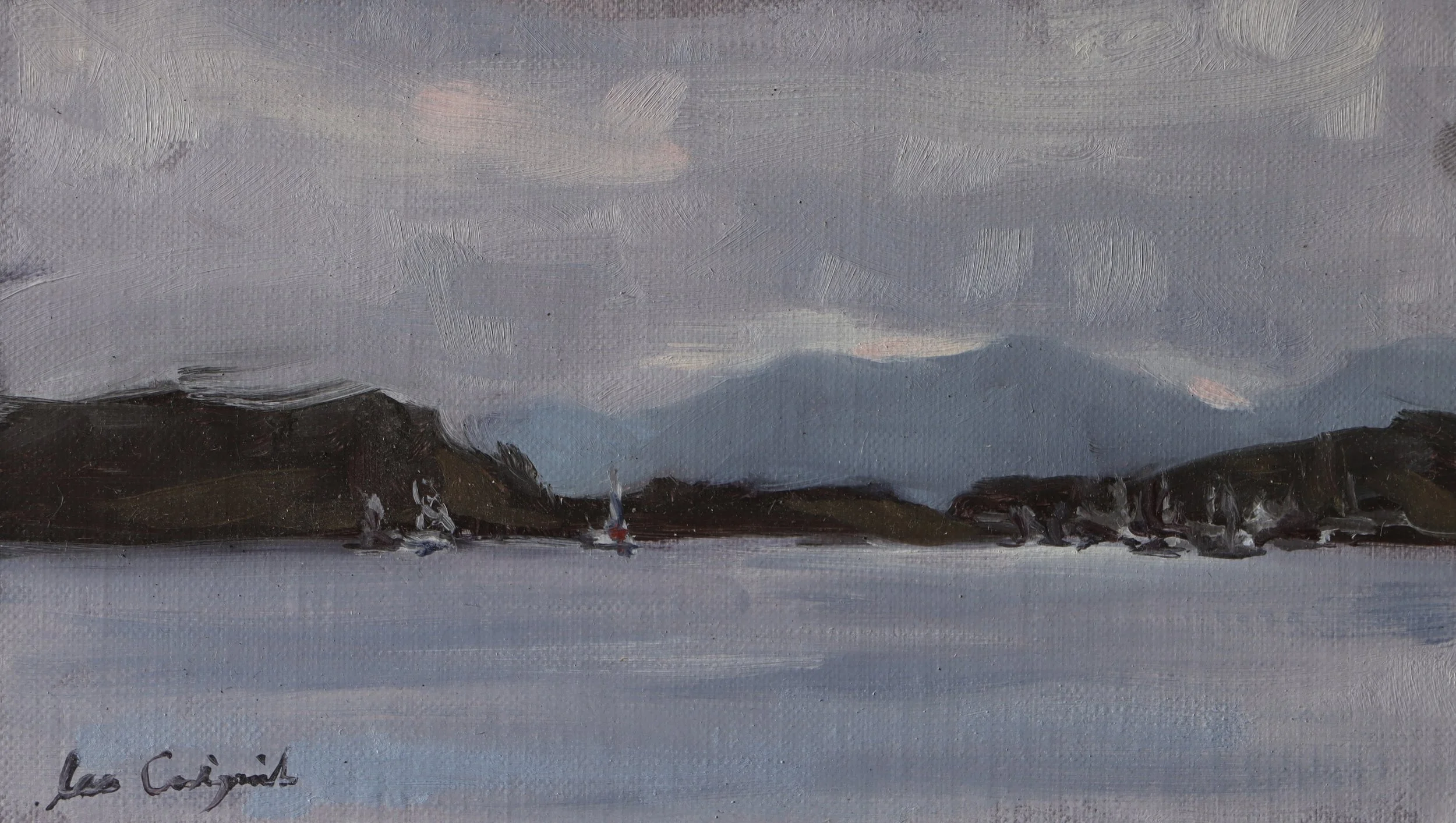 Plein air oil painting of the Isle of Mull with distant hills and calm coastal water by Scottish fine artist Lee Craigmile.