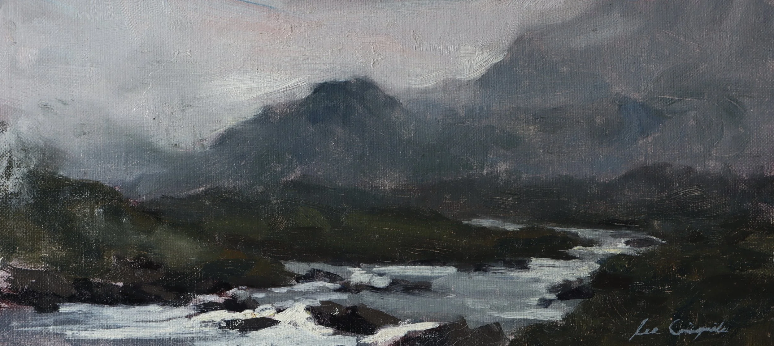 Plein air oil painting of the misty Cuillin Mountains on the Isle of Skye with flowing water and dramatic Highland terrain by Lee Craigmile.