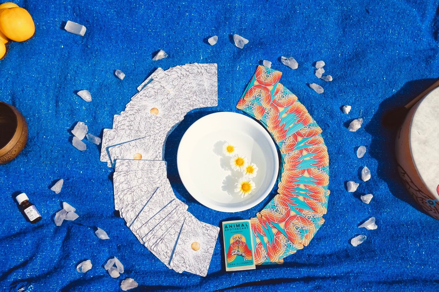 A circular arrangement of tarot cards and a white bowl with daisies on a blue fabric background, surrounded by scattered crystals, a small bottle of oil, and an iced beverage in a cup. | www.mayaarmonyart.com