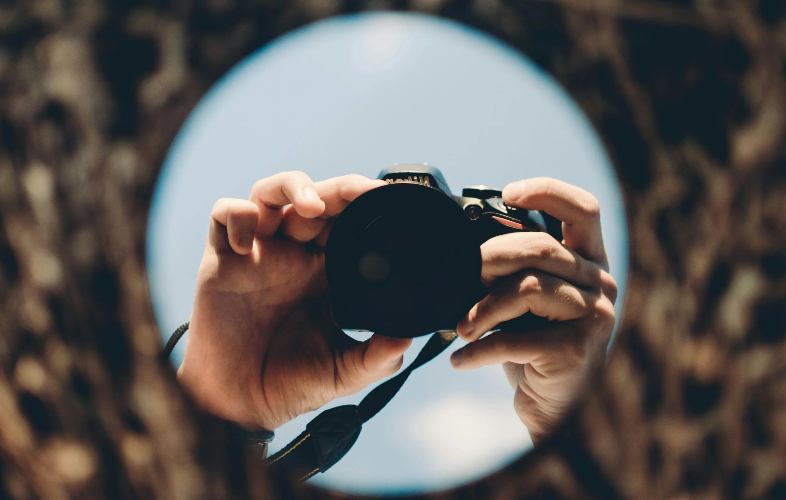 A person holding a camera above, with the sky visible in the background, seen through a circular opening framed by tree bark.