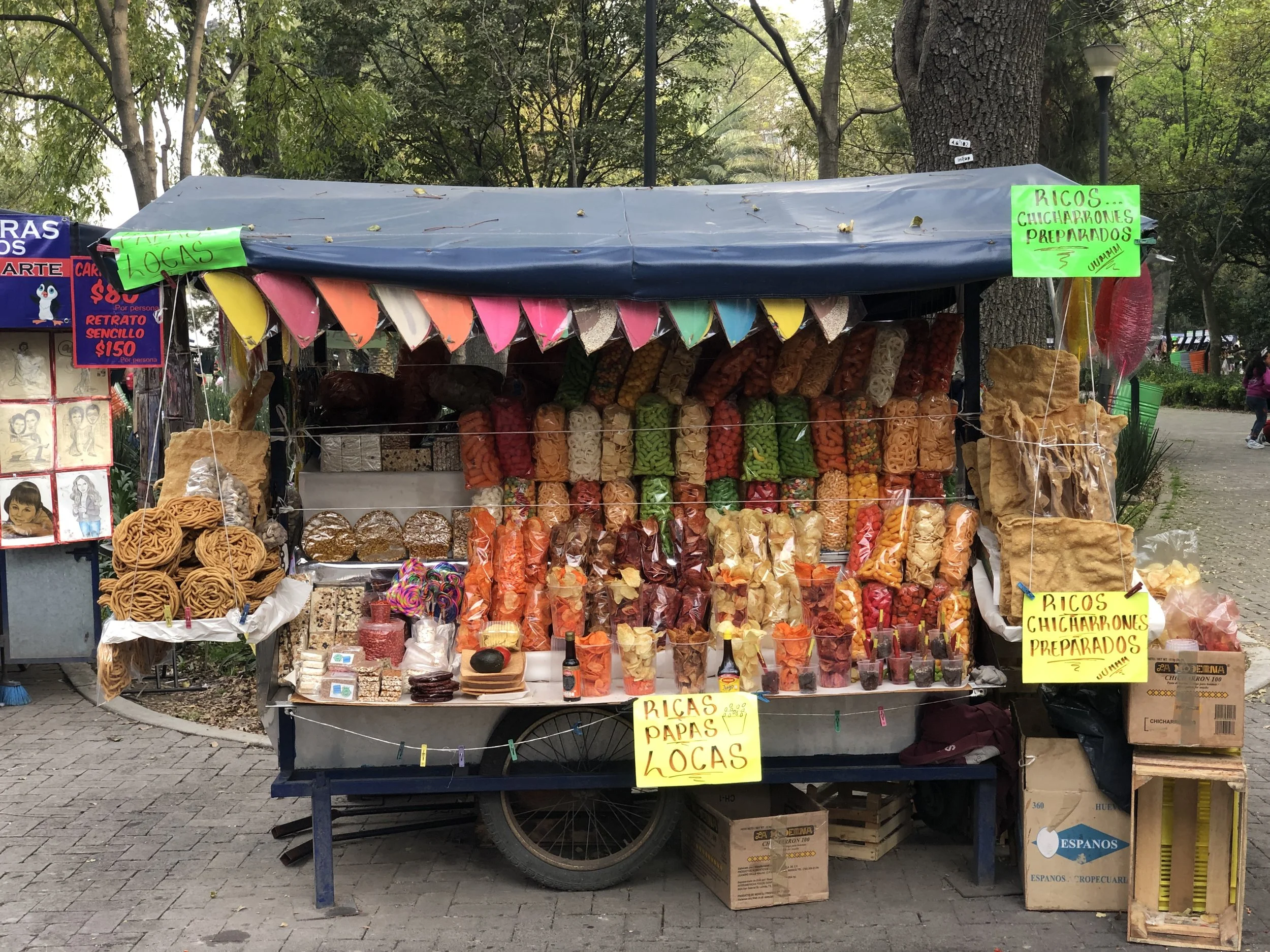 Street food stall with colorful chips, churros, snacks, and signs in Spanish, located in a park setting.