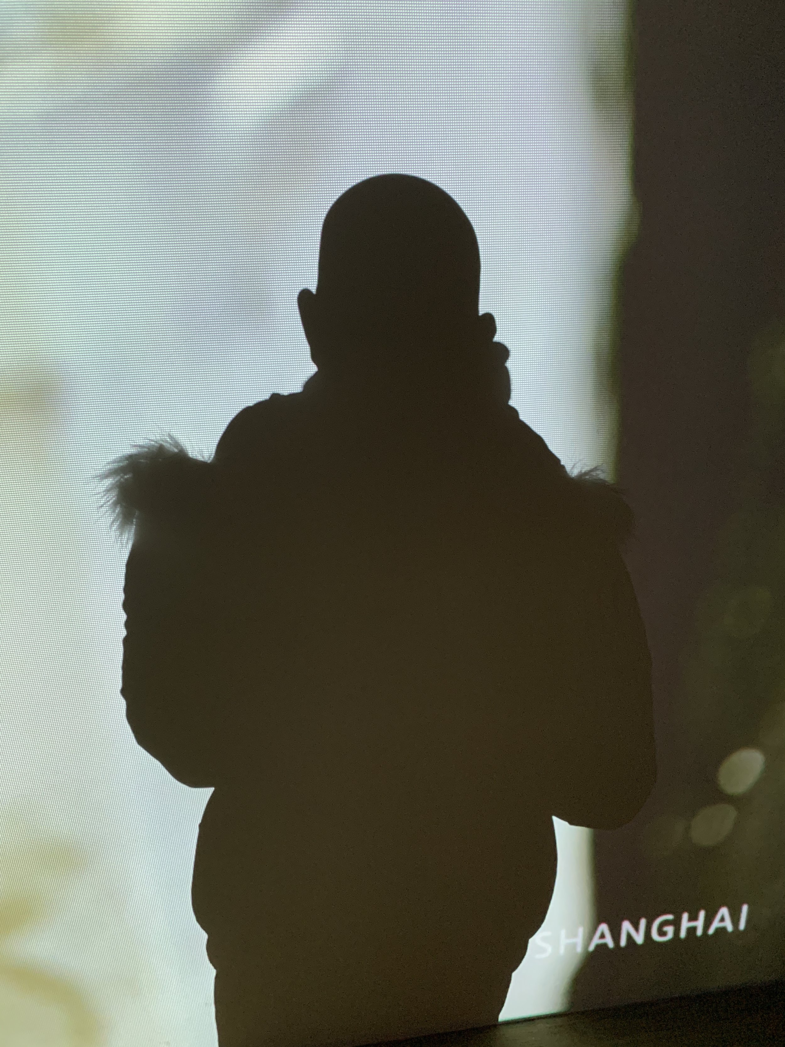 Silhouette of a person with a fur-lined hood, standing against a light background with the text 'Shanghai' partially visible.