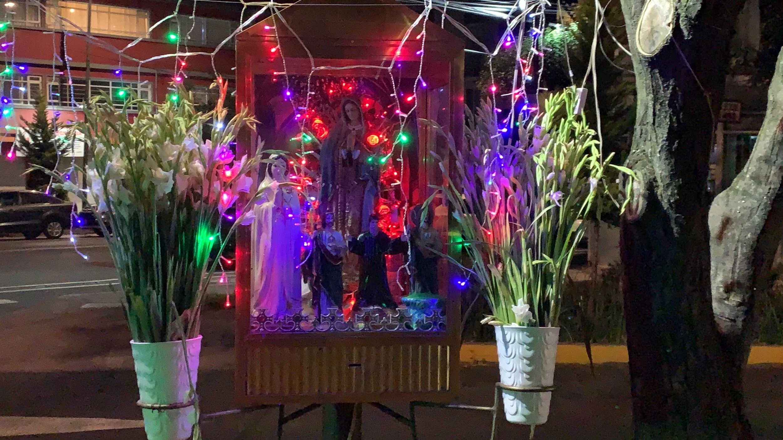 Religious shrine with statues and flowers, decorated with colorful lights at night.