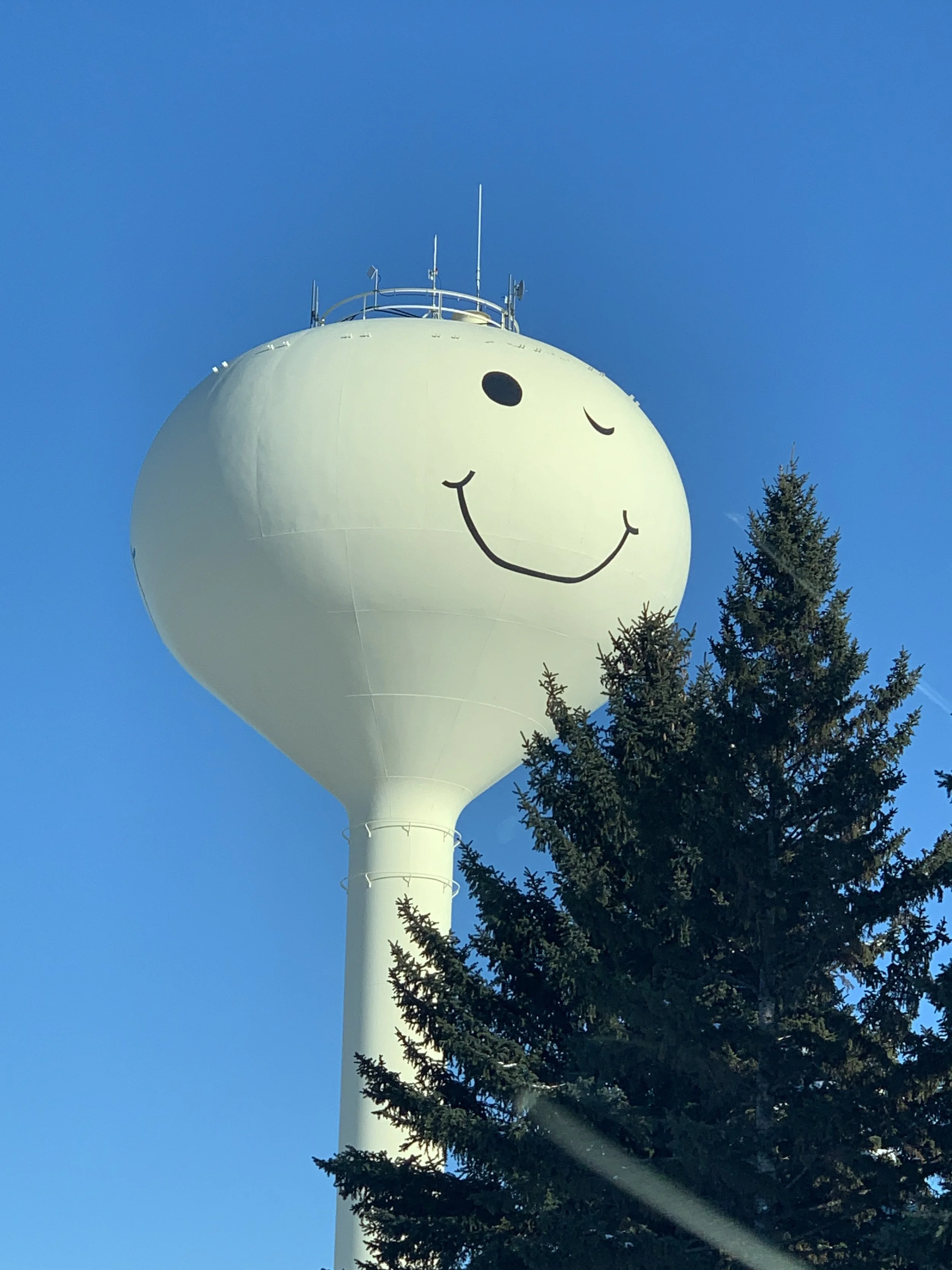 White water tower with a winking smiley face near pine trees under a clear blue sky.