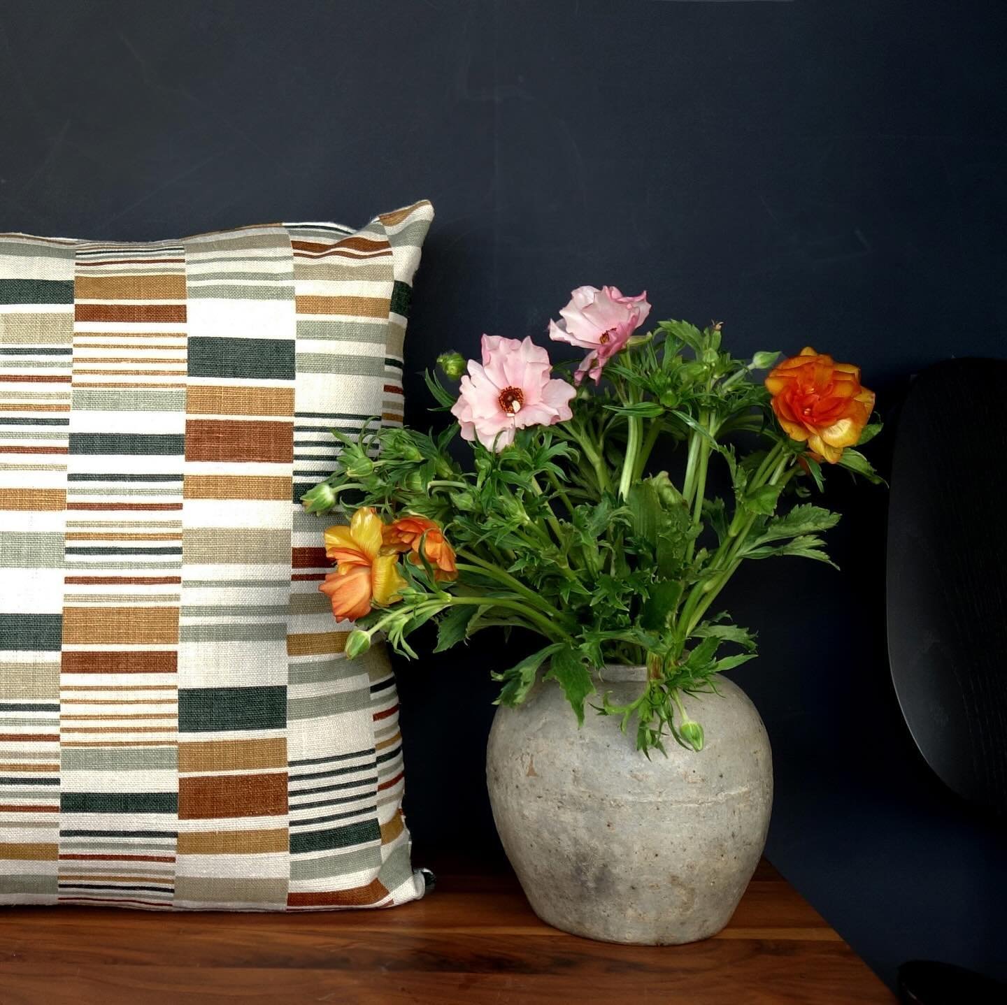 Spectra &bull; Loden with a pop of spring. Hand screen printed Belgian linen.