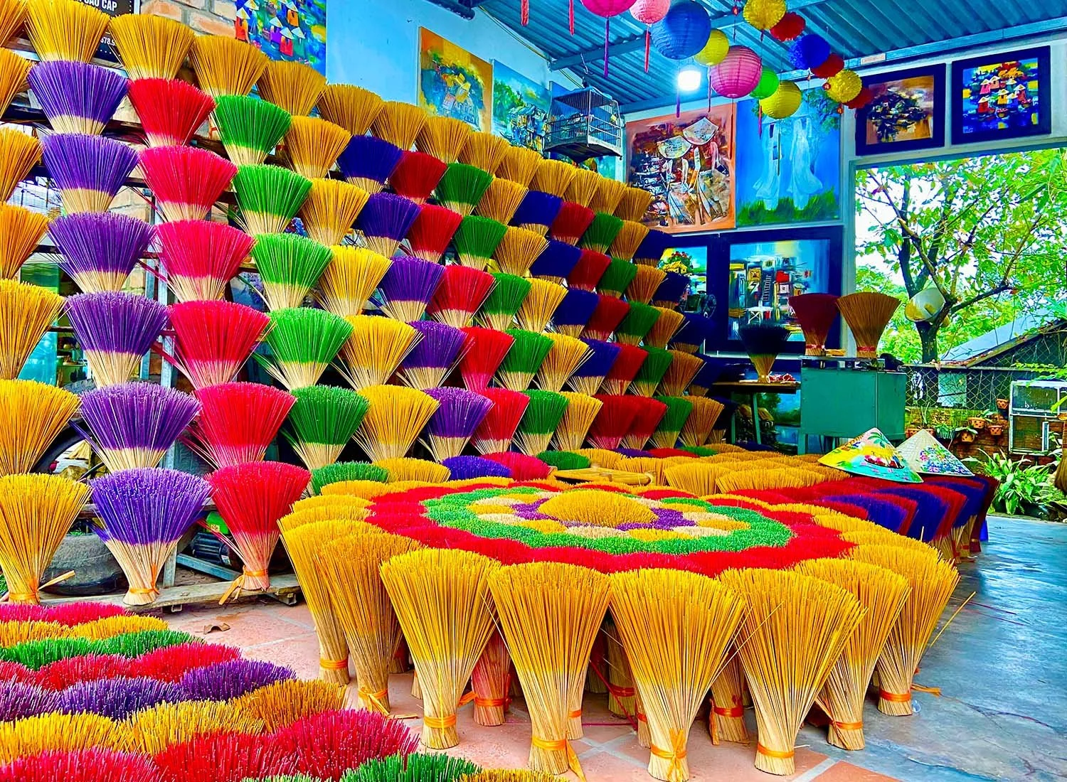 Colourful interior of an incense shop in Thuy Xuan Incense Village, Vietnam.