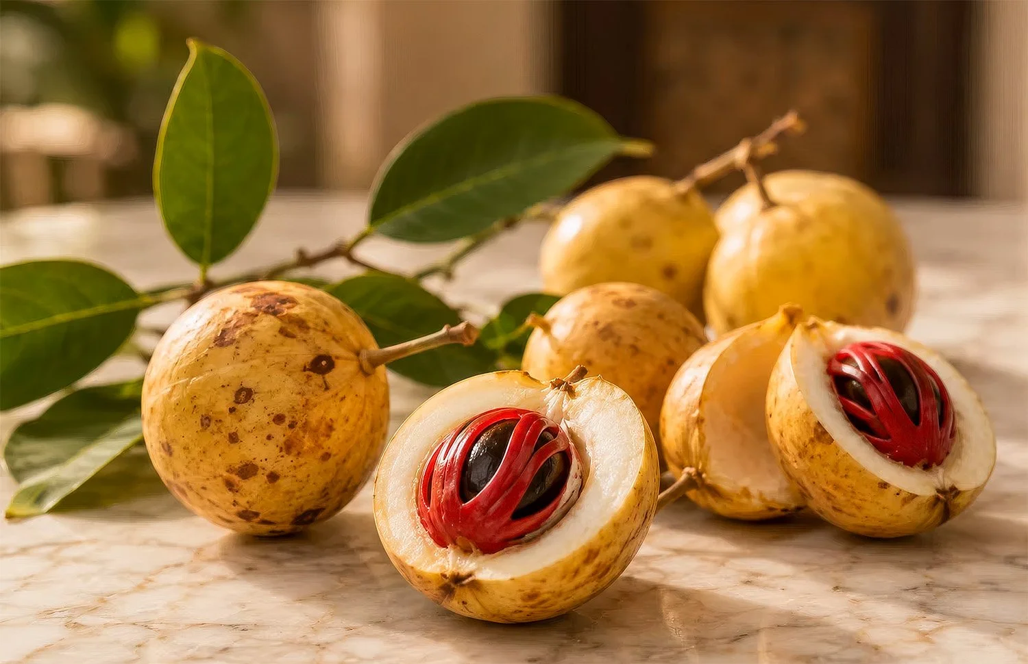 Cut ripe yellow nutmeg fruit displayed on a table showing the vivid red mace around the dark nutmeg seed.