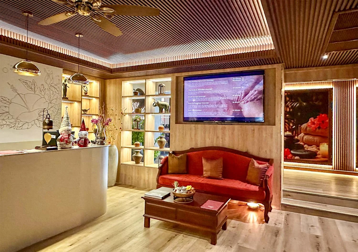 Wide view of the plush reception area at the Anik Palace Hotel spa in Phnom Penh, Cambodia.
