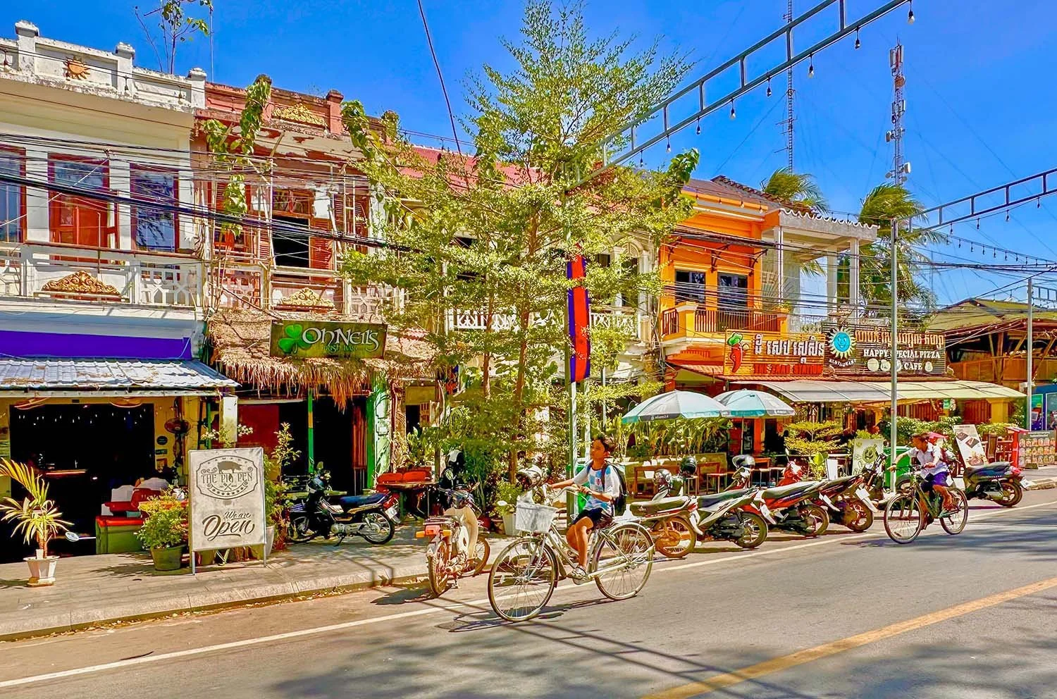 Restaurants and bars along Riverside Road, Kampot, Cambodia.