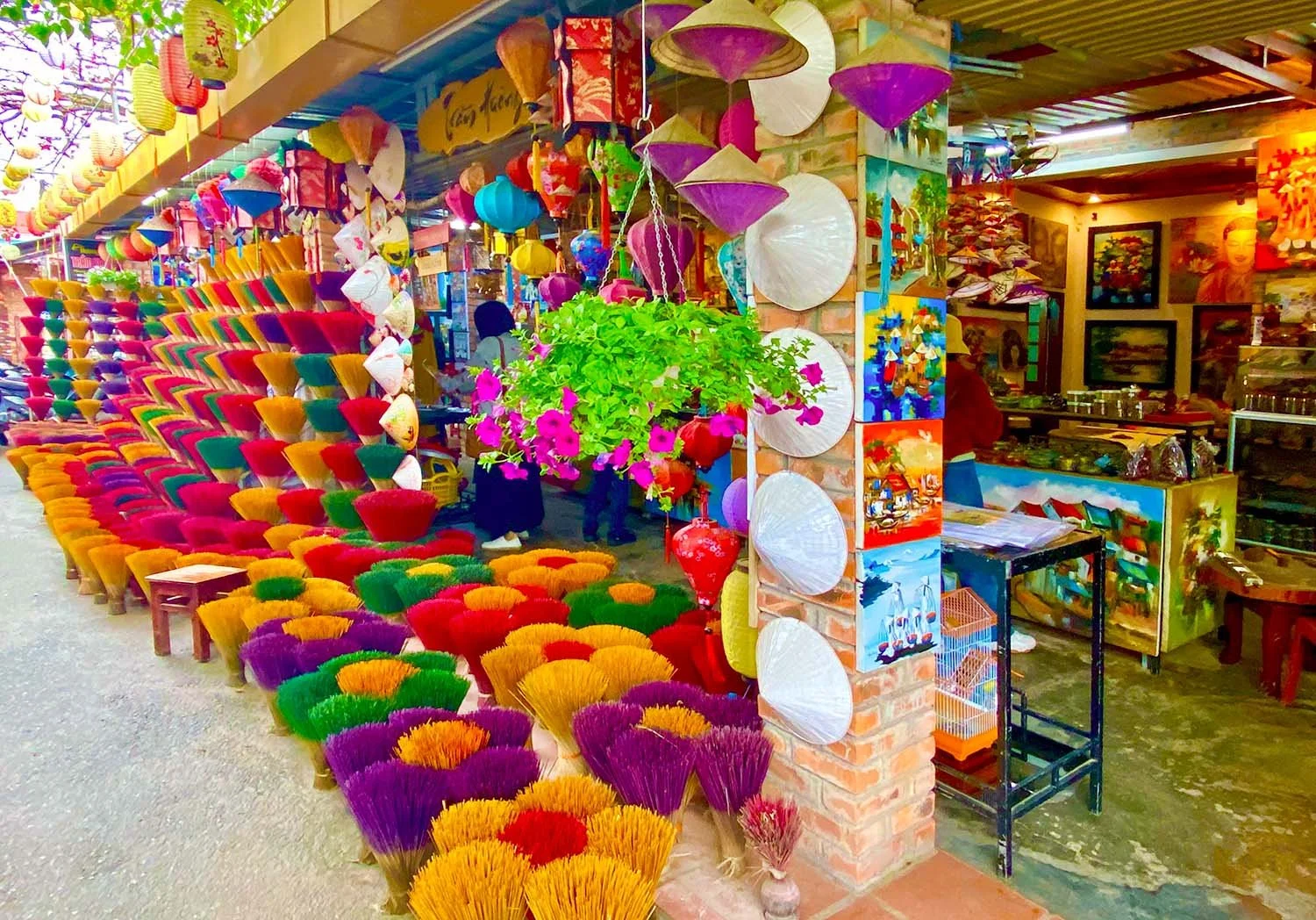 Exterior view of an incense shop in Thuy Xuan Incense Village, Vietnam.