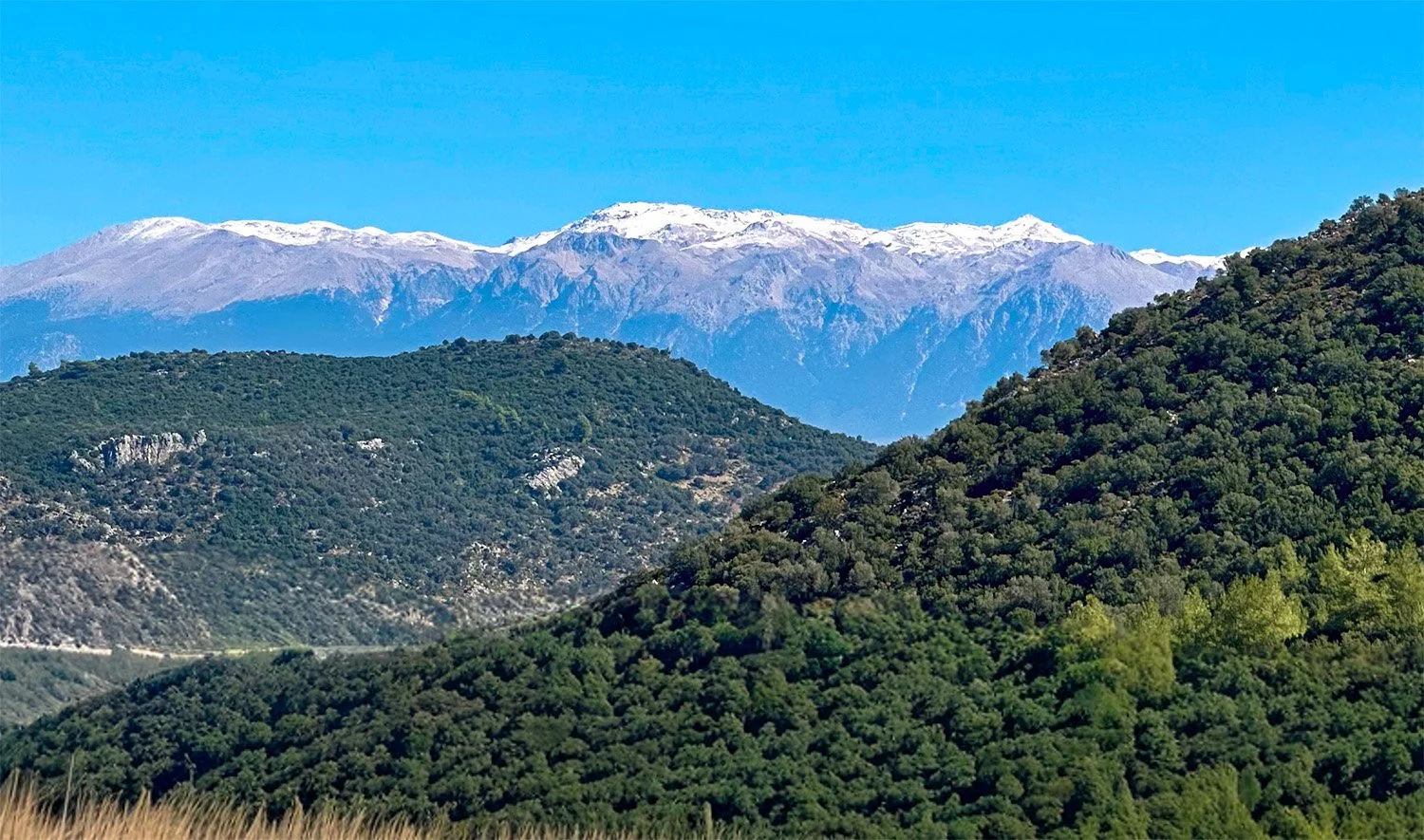 A distant view of snow-capped mountains on the borders of borders of Muğla and Antalya provinces in Türkiye.