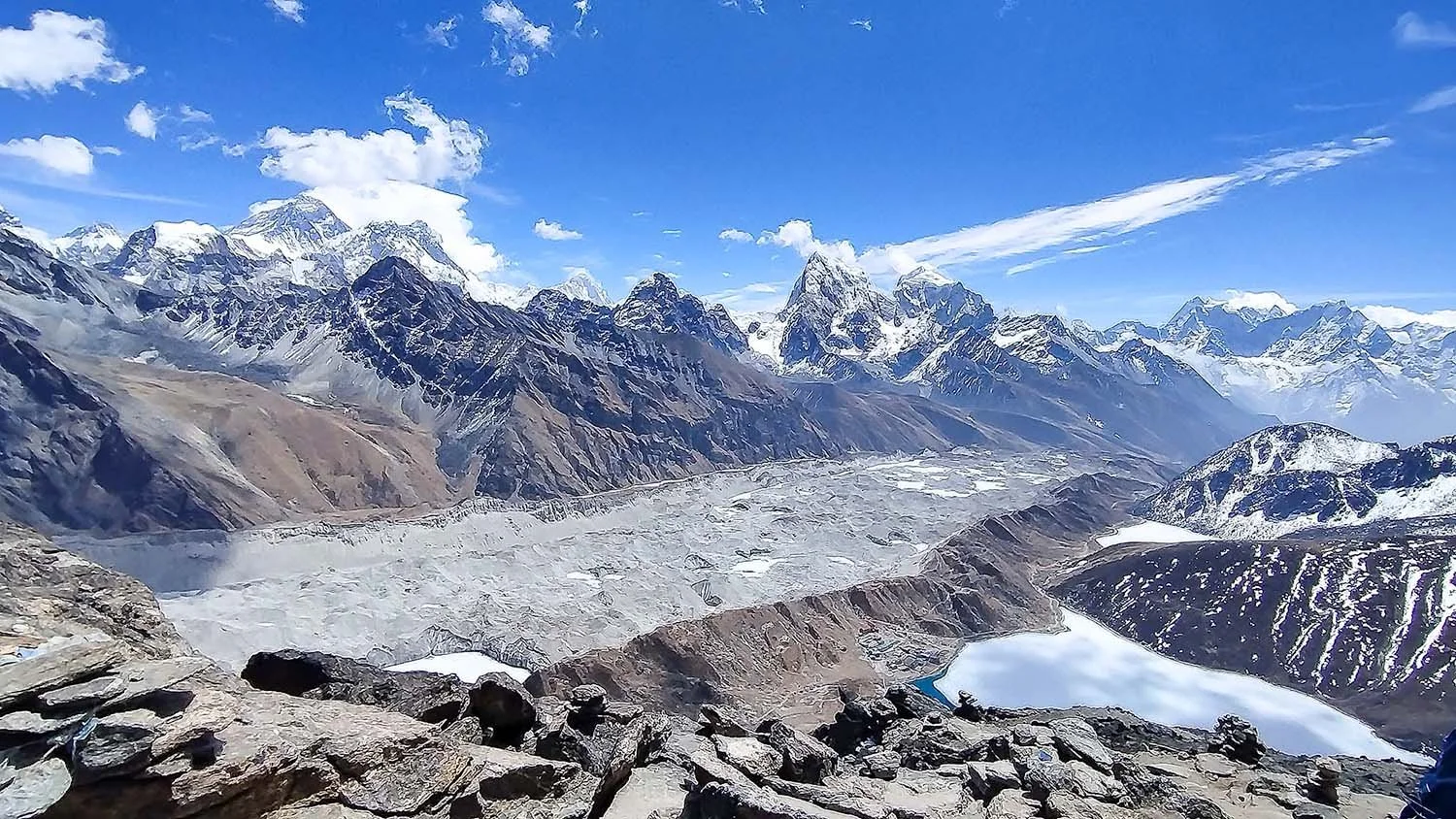 A panoramic view of glaciers, alpine lakes, and snow-covered Himalayan peaks.