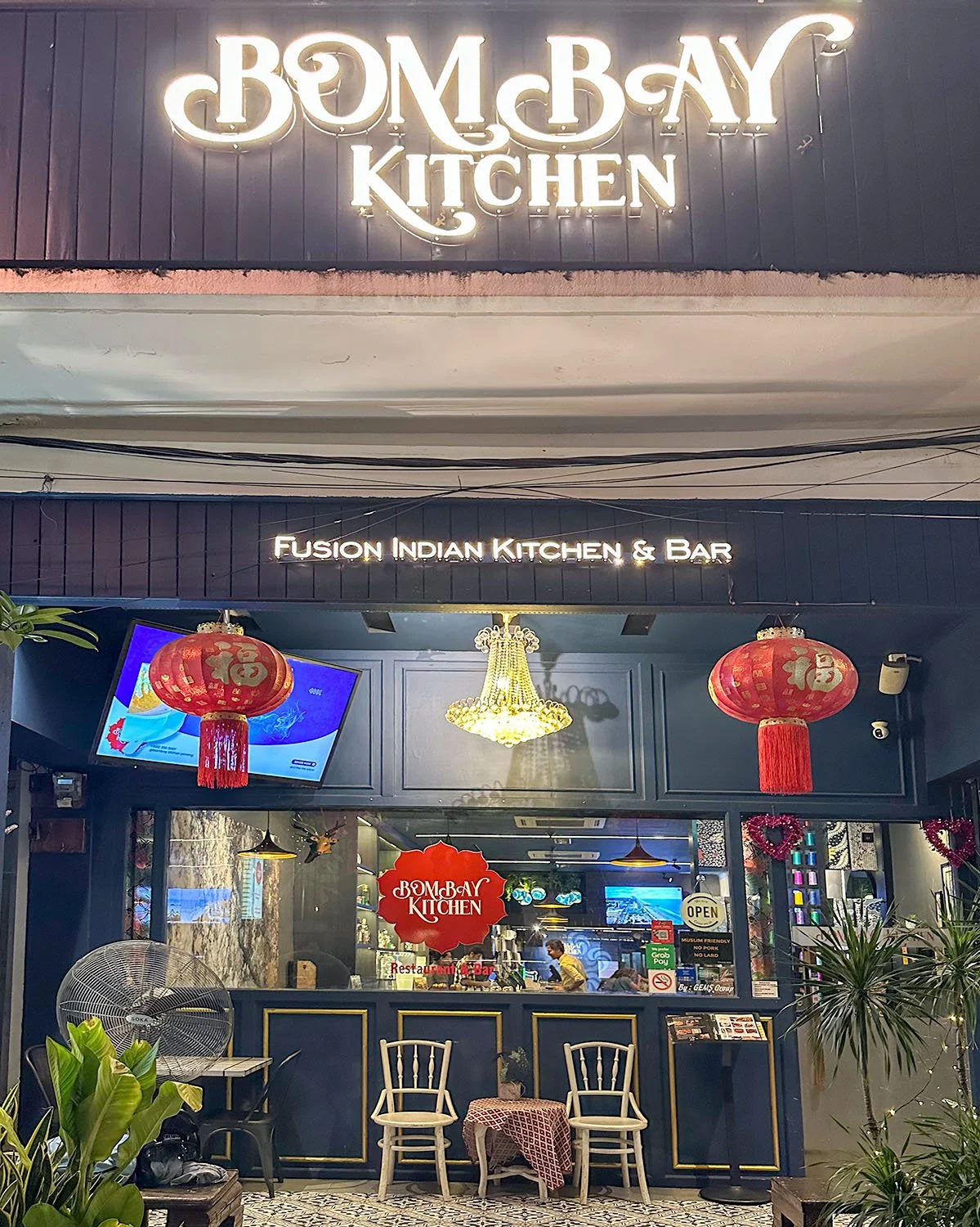 The facade at nighttime of the Bombay Kitchen and Bar in George Town, Malaysia.