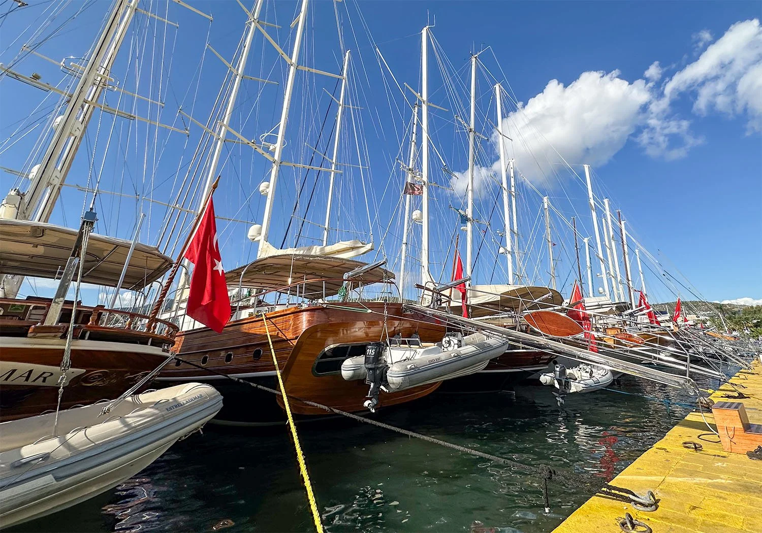 Luxury cruising yachts  moored in a marina near Bodrum Castle, Bodrum, Türkiye.