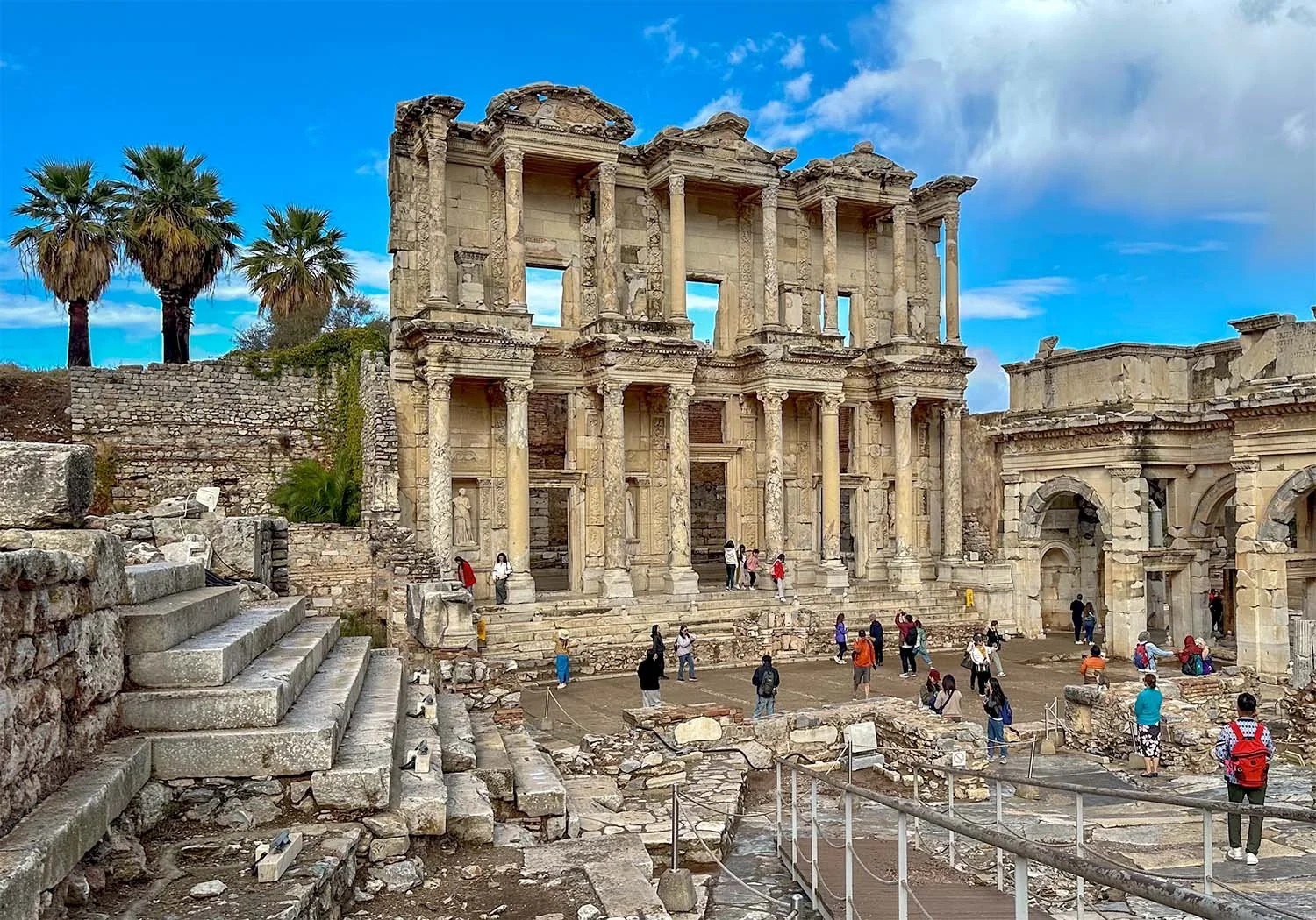 Wide view of the Library of Celsus facade at Ephesus Ancient City, Türkiye.