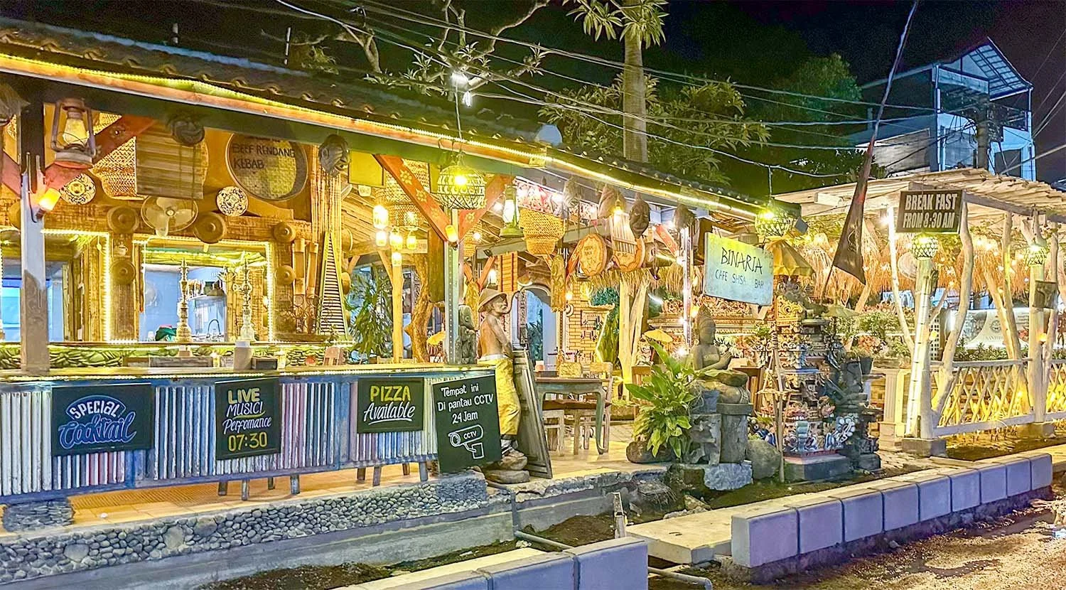 An empty restaurant in the evening along Jalan Binaria in Lovina Beach, North Bali.