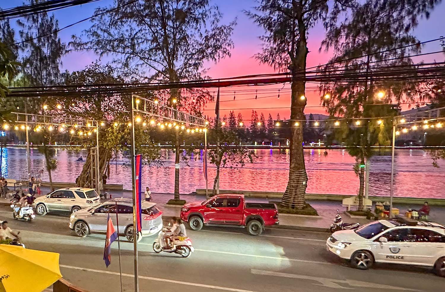 Sunset view across the river from the Rikitikitavi restaurant, Kampot, Cambodia.