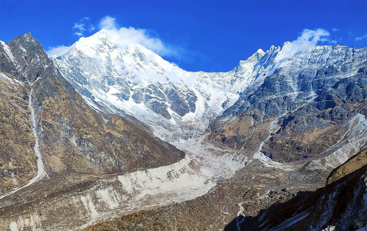 dramatic view of snow-covered Himalayan peaks and glacial valleys.