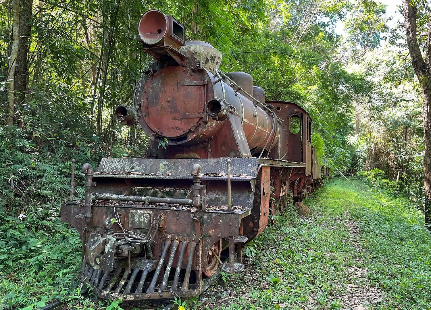 Old Death Railway train in Weary Dunlop Park, Sai Yok, Kanachanaburi, Thailand.