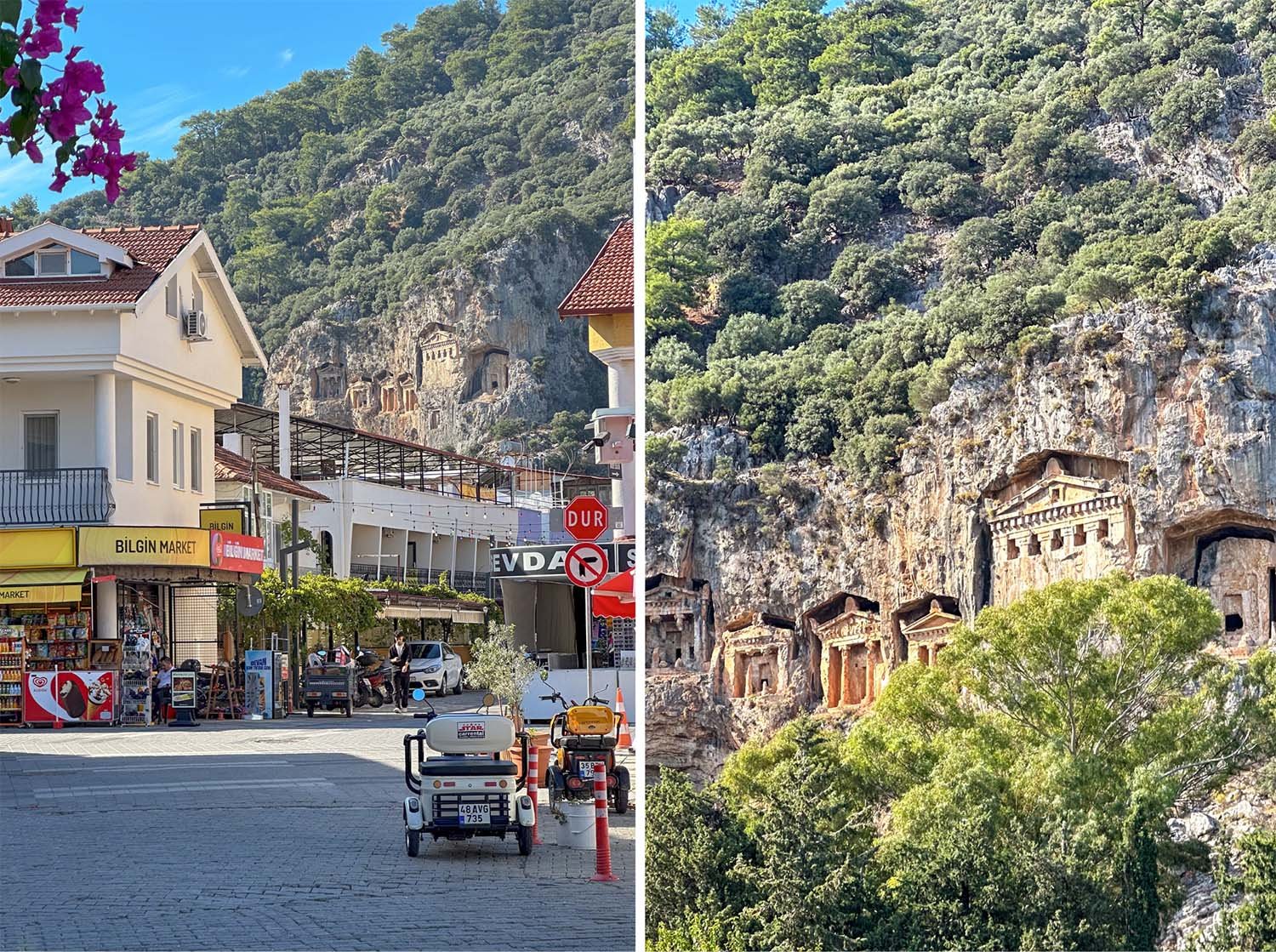 Two images providing a split view of a street in Dalyan, Türkiye, and a close-up of the 4th century Kaunos tombs carved into the cliffs overlooking the town.
