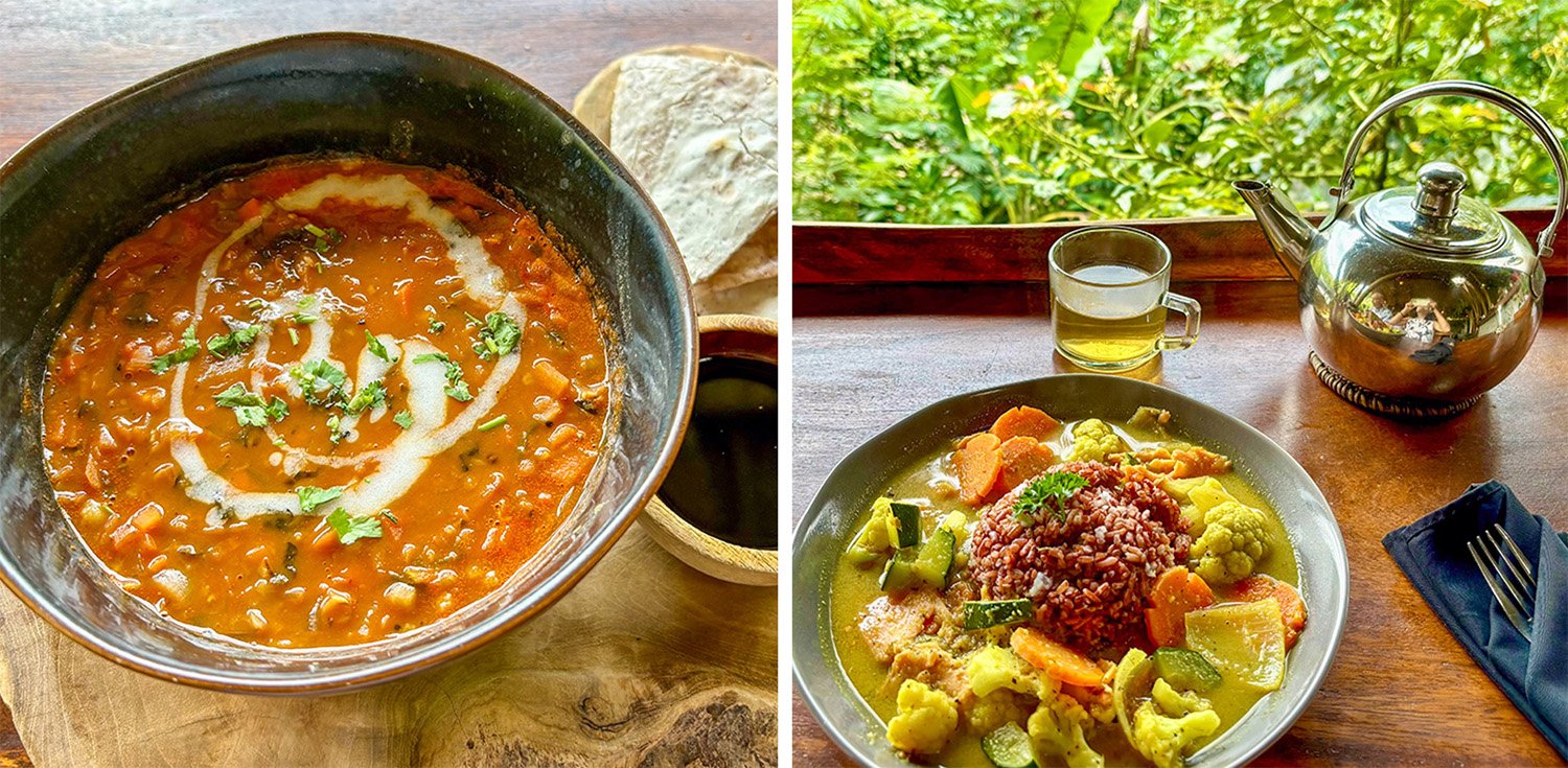 Two images showing healthy lunch dishes at The Botanist by Desa Eko restaurant in North Bali comprising lentil soup and a vegetable curry with purple rice and a pot of lemongrass tea.