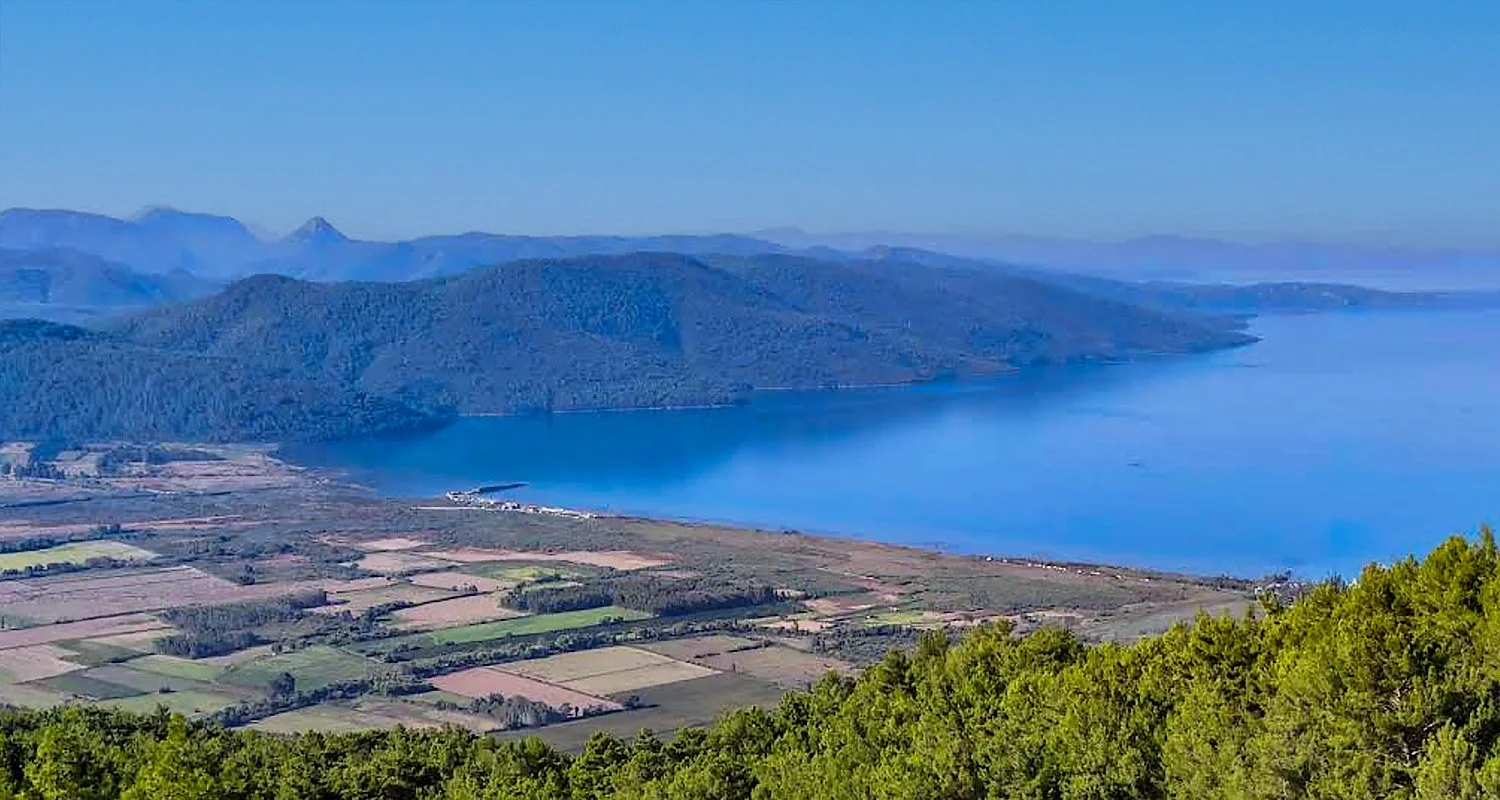 Panoramic view of the Gulf of Gökova from a lookout on highway D550, Türkiye.