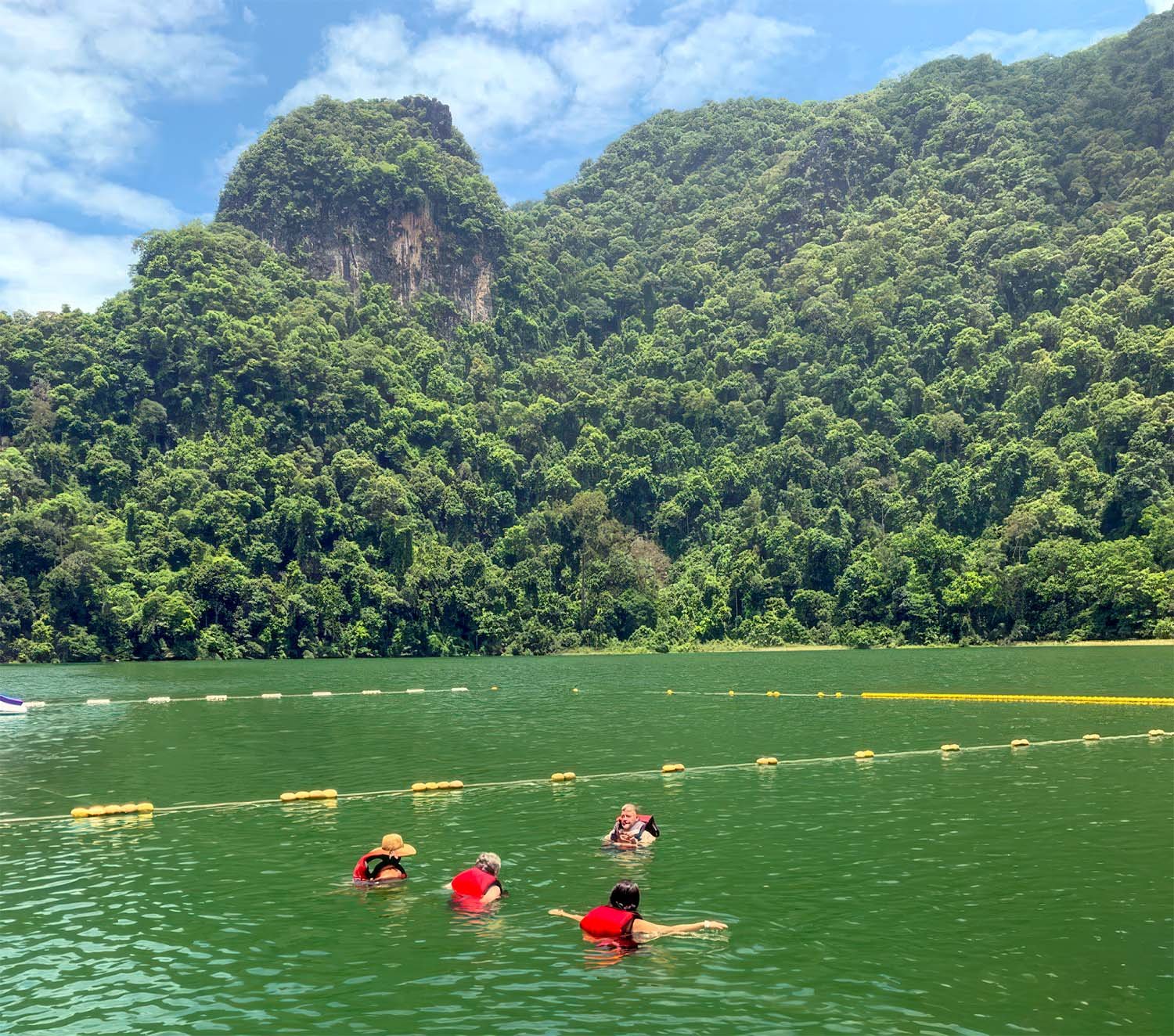 Four tourists in lifejackets swimming in a green lake on Langkawi Island, Malaysia, surrounded by rainforest.