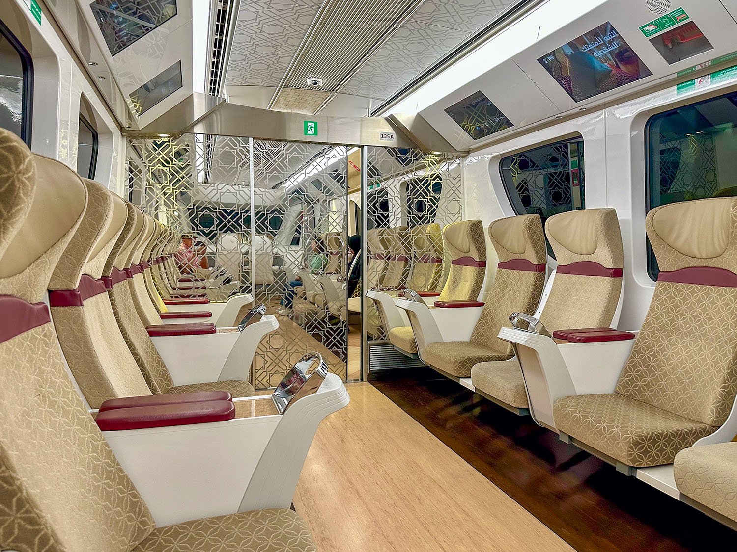 Interior view of the luxurious Gold Club carriage on a Doha Metro train in Qatar.