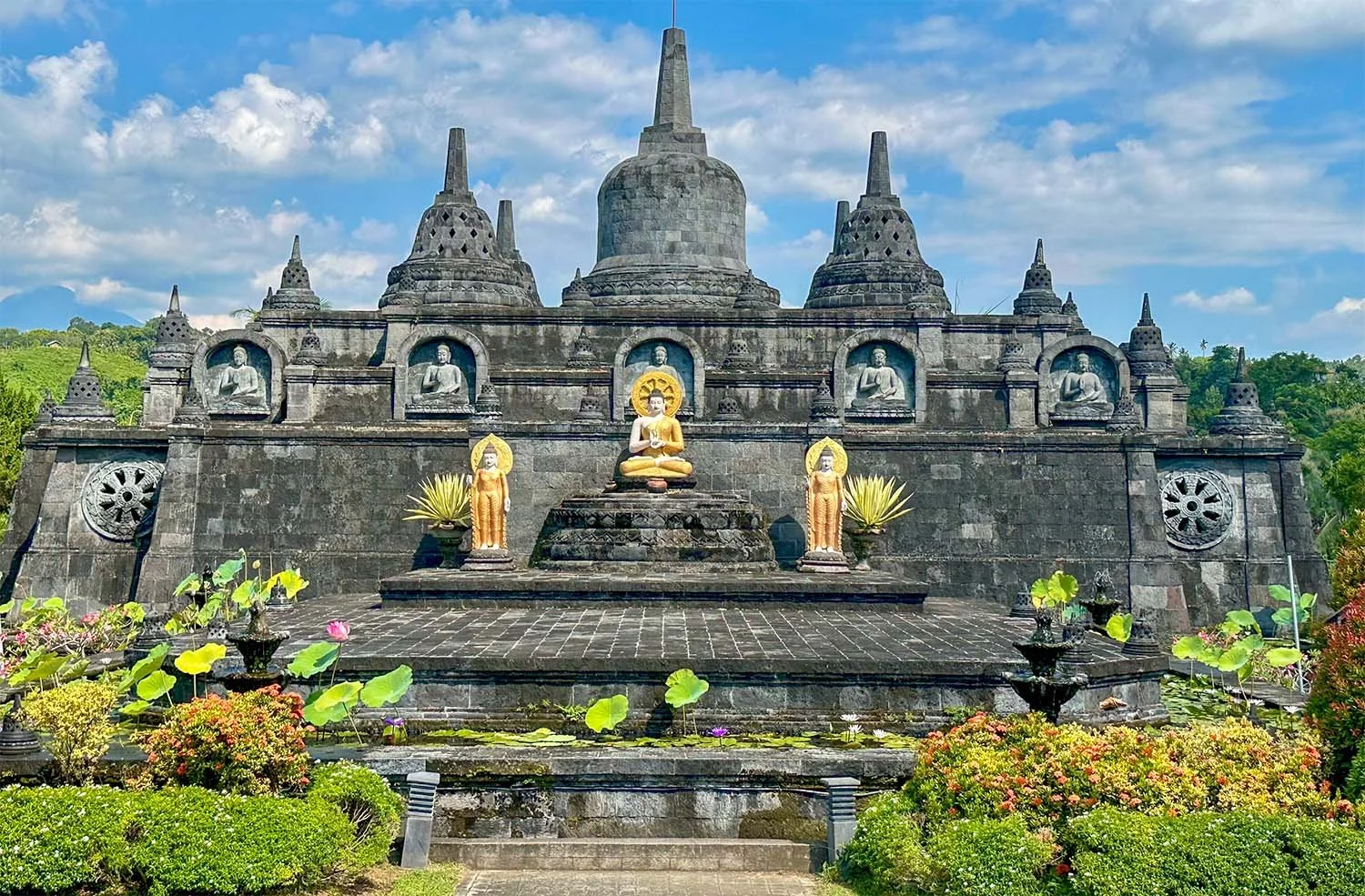 View of a replica of Borobudur temple inside the Brahmavihara-Arama monastery in North Bali.