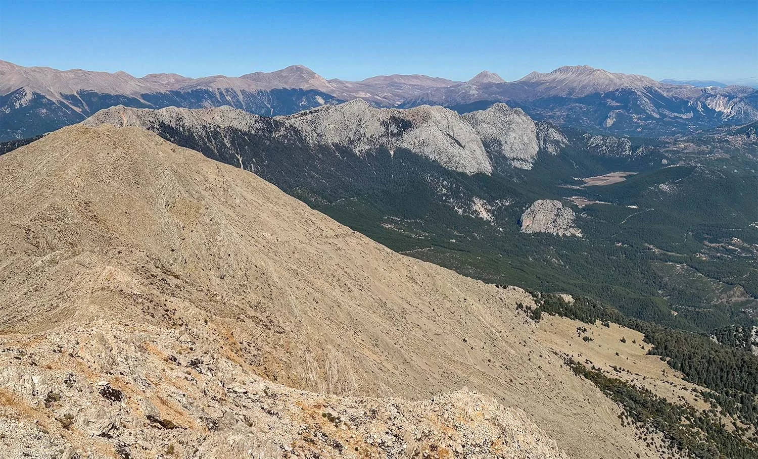 View of barren mountains in Türkiye looking north from the summit of Mt Tahtali.