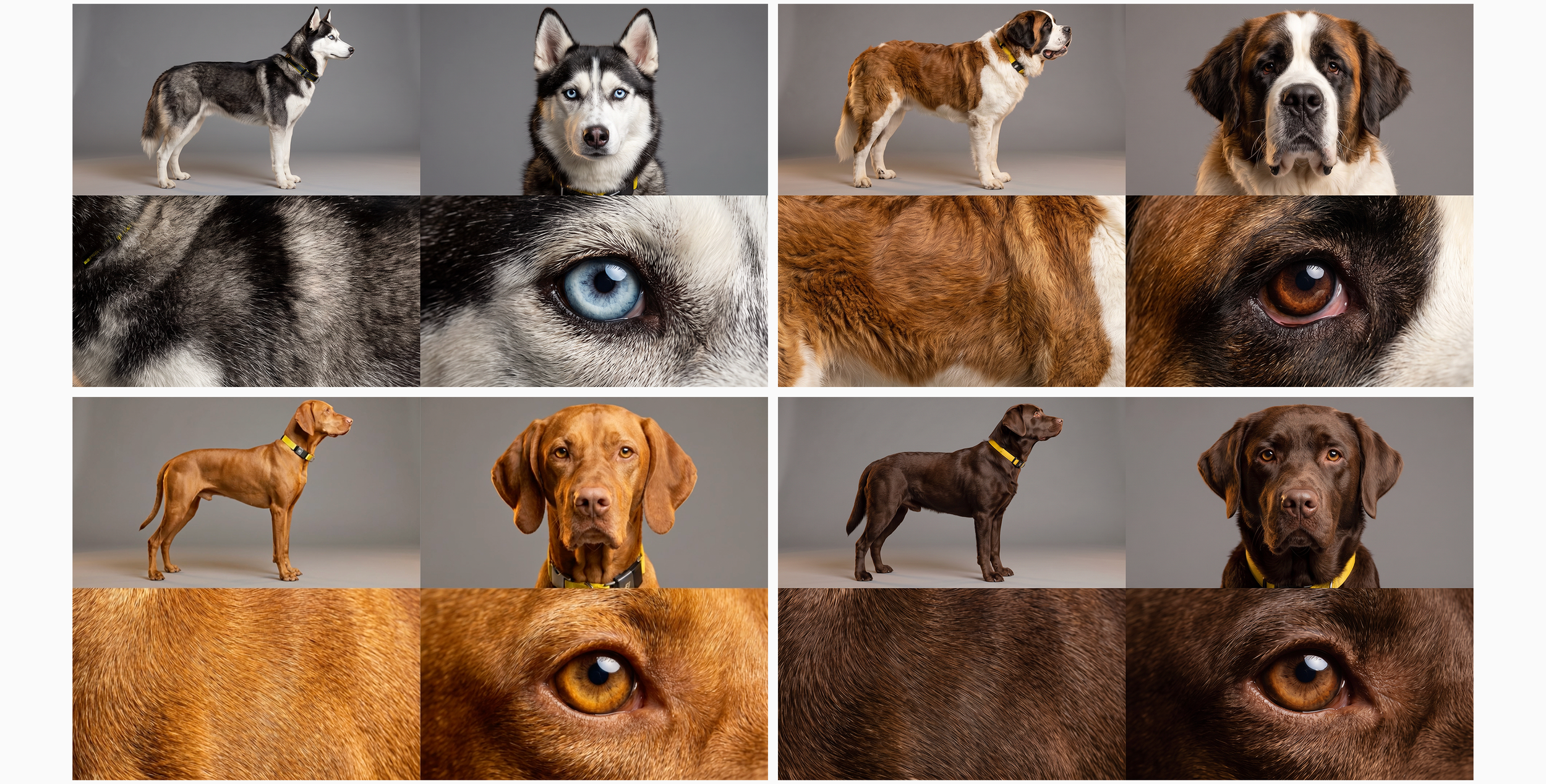 Every dog was generated from real photographic references to achieve true-to-life anatomy, fur, and movement.