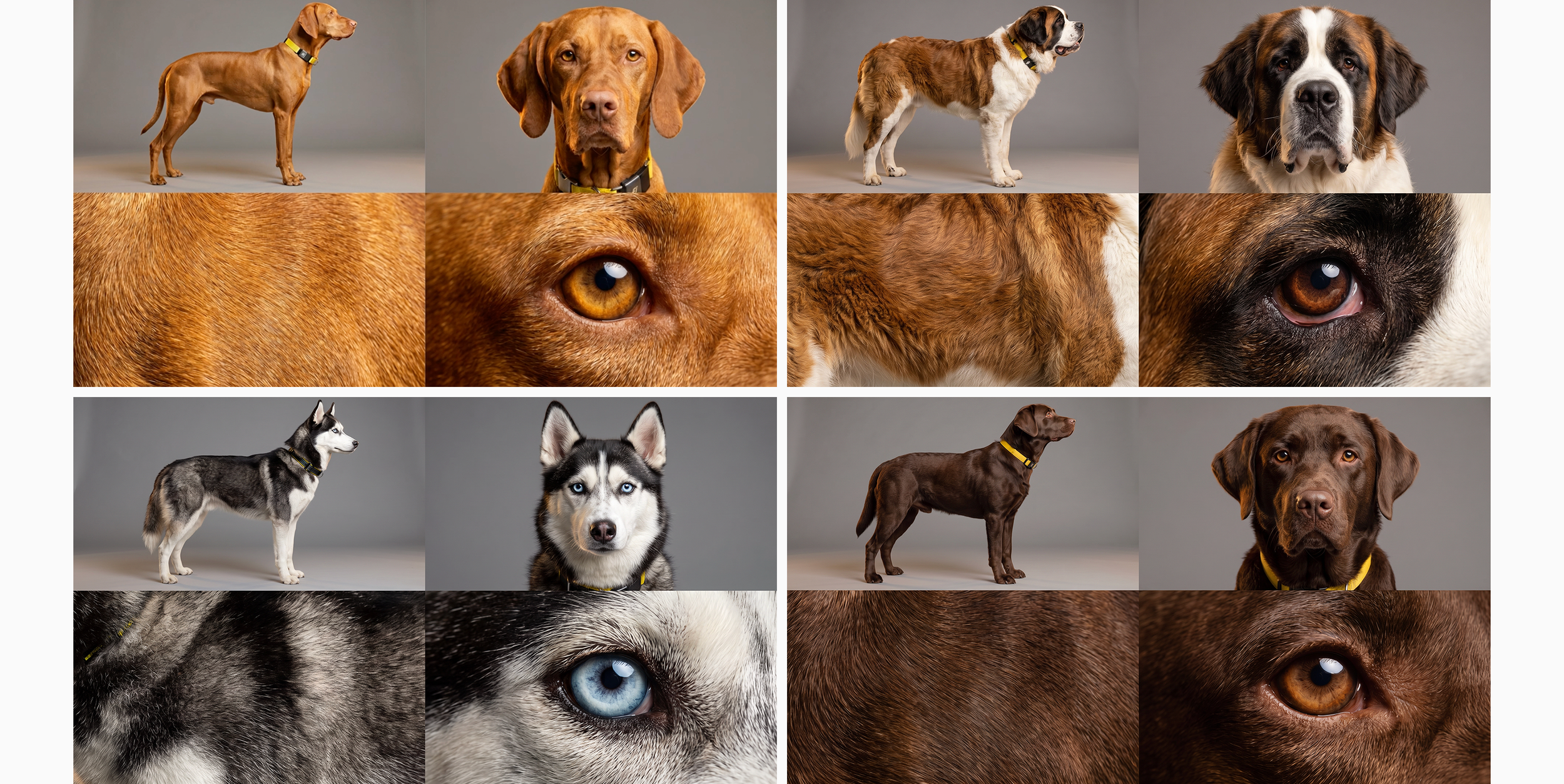 Every dog was generated from real photographic references to achieve true-to-life anatomy, fur, and movement.