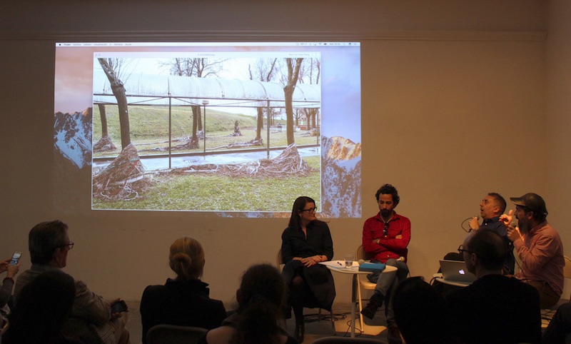 Artist conversation at RU with, from left: curator Mary Kate O'Hare, Alejandro Campins, curator Rafael DiazCasas, and José Yaque Courtesy Residency Unlimited