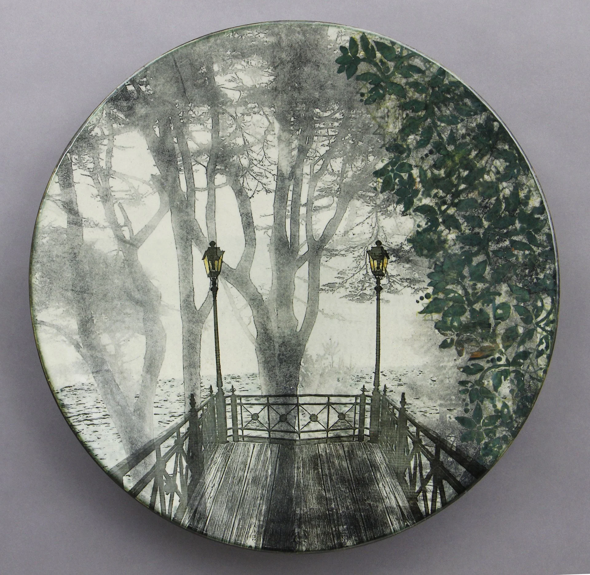  LOOKOUT Cone 5 clay, underglaze, litho transfer, oxides, glaze, decals, overglaze 17”x17”x2.5”     2022 