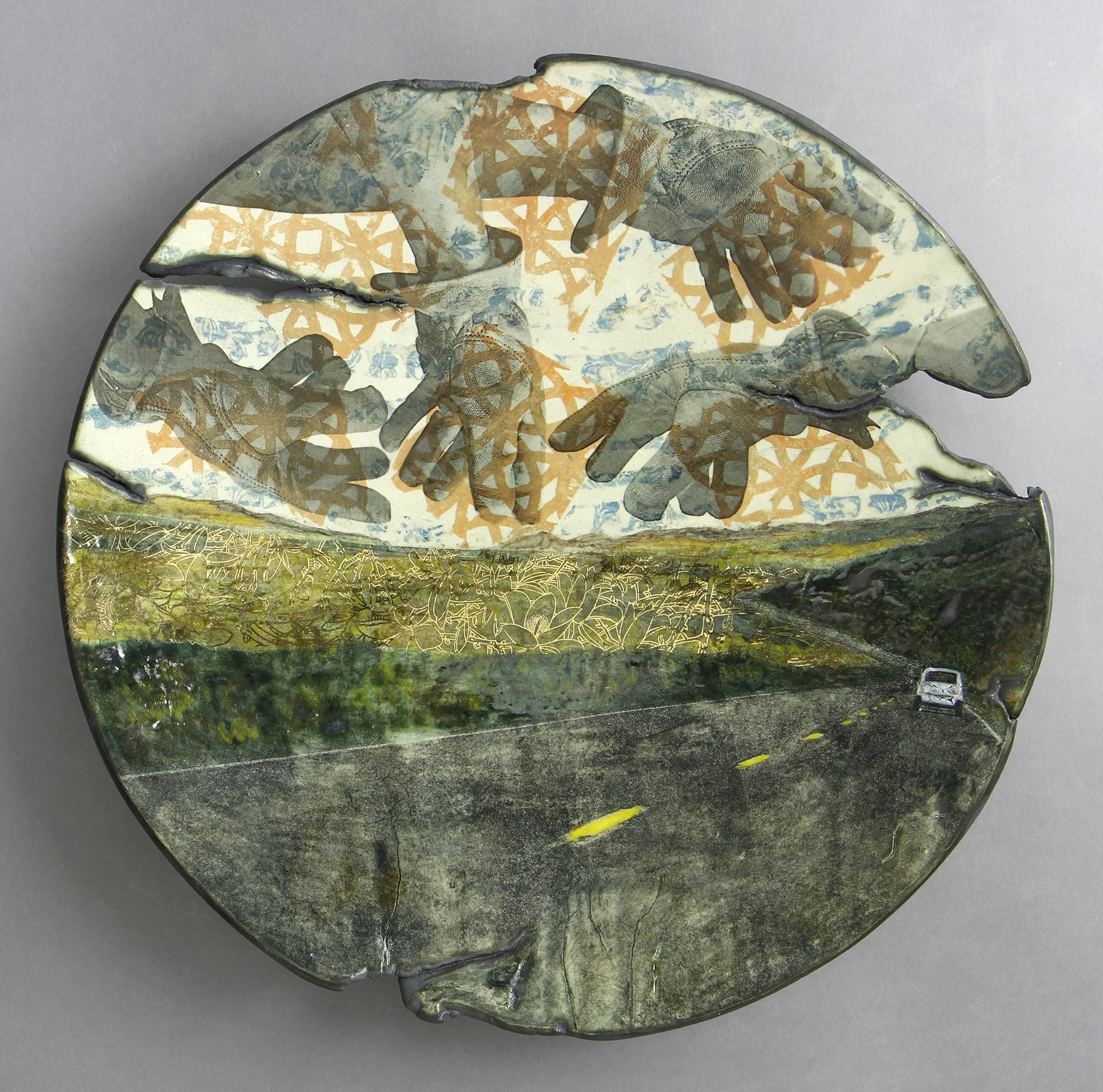 LONG VALLEY Cone 5 clay, underglaze, litho transfer, oxides, glaze, decals 16.5”x16.5”x2.5”     2021   