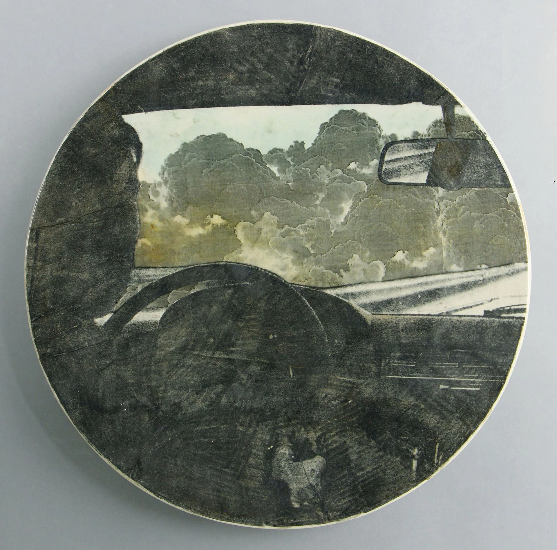  PAPA DRIVING Cone 5 clay, litho transfer, oxides, glaze, decals 16.5”x16.5”x2.5”    2022 
