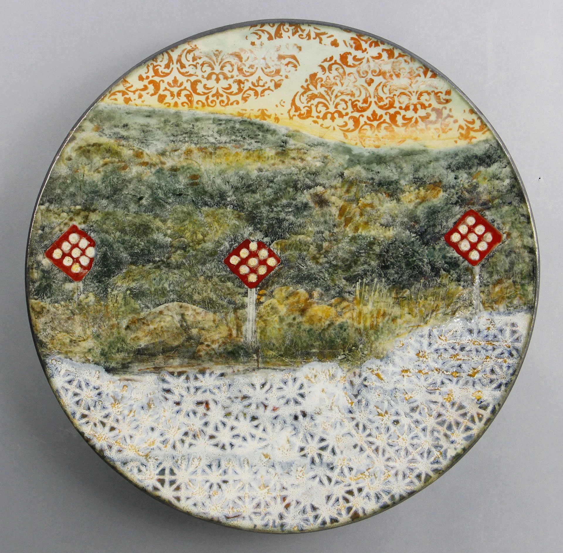  ROAD TAIL Cone 5 clay, underglaze, litho transfer, oxides, glaze, overglaze 17”x17”x2.5”     2022 