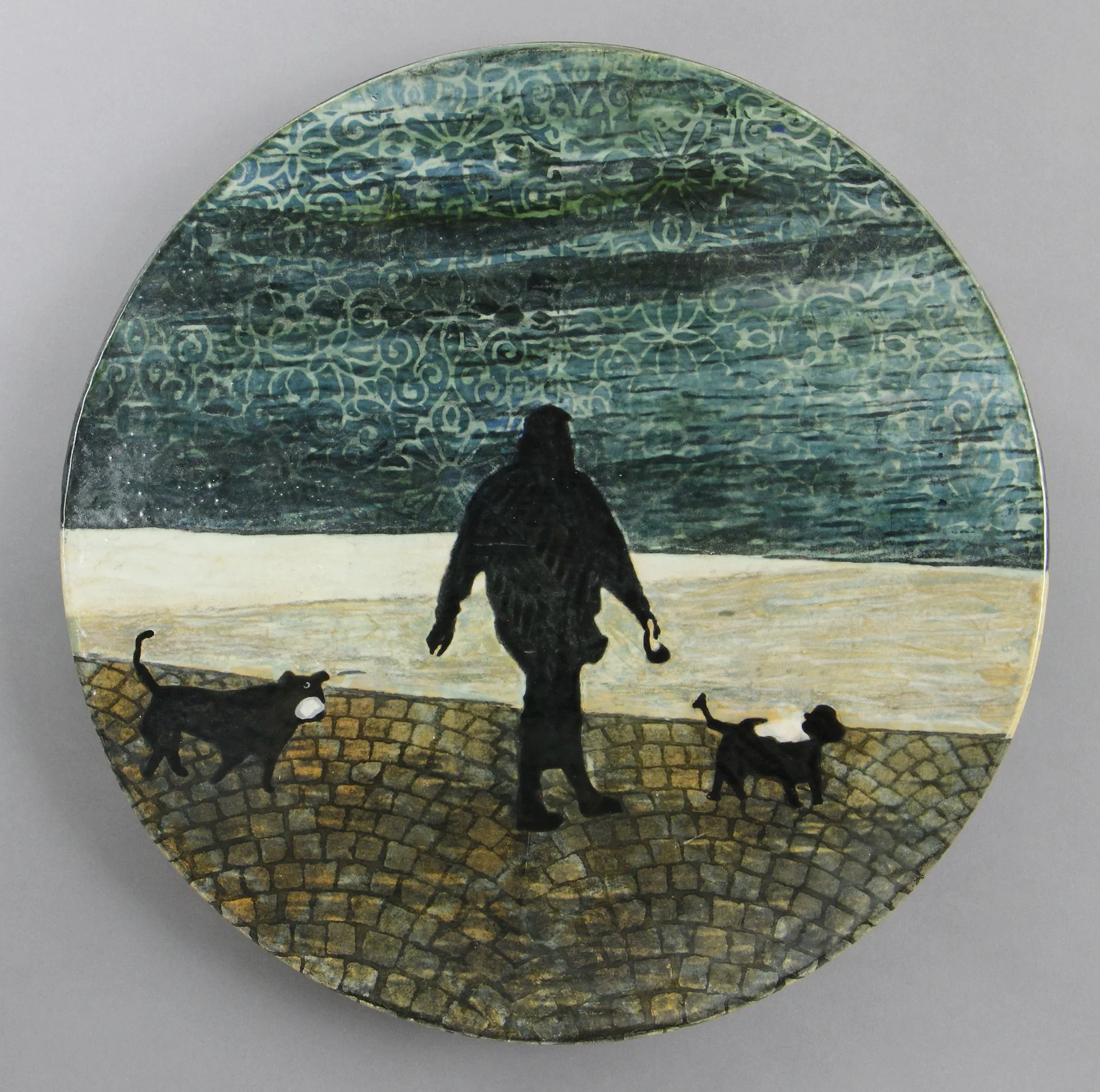  NIGHT BEACH Cone 5 clay, underglaze, litho transfer, oxides, glaze, decals, overglaze 16.5”x16.5”x2.5”     2022 
