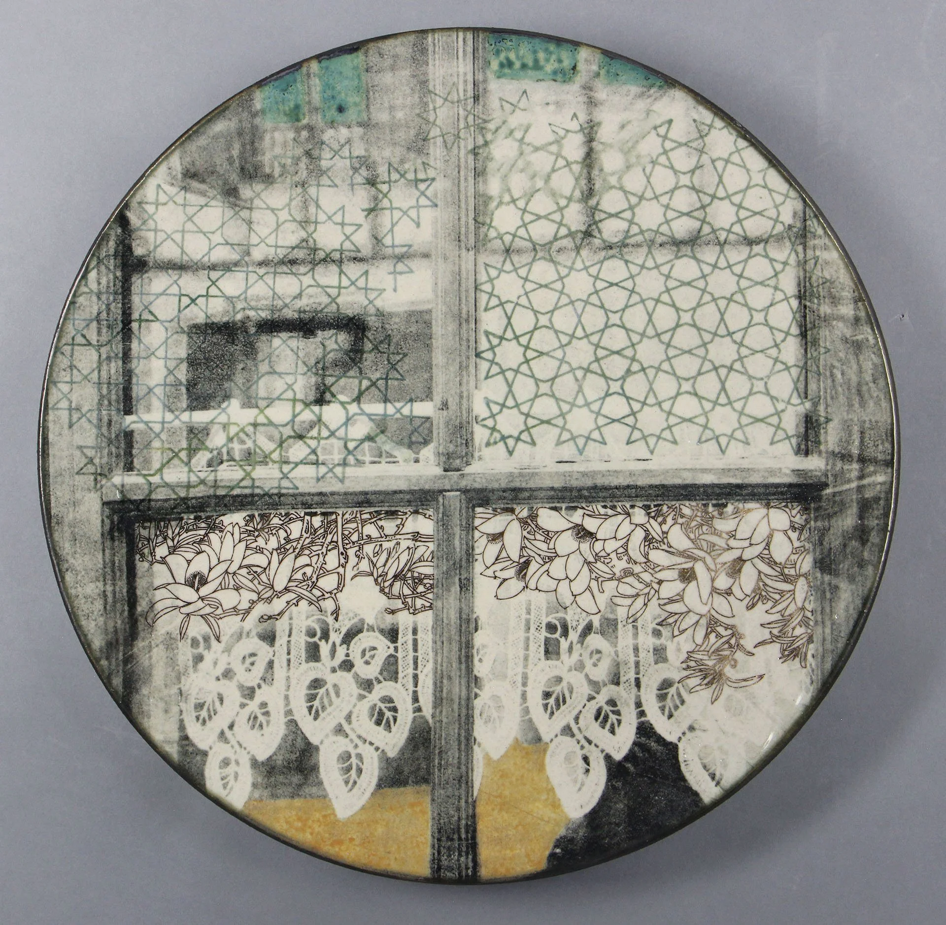  SCHWARTZWALD WINDOW Cone 5 clay, underglaze, litho transfer, oxides, glaze, decals 17”x17”x2.5”     2022 